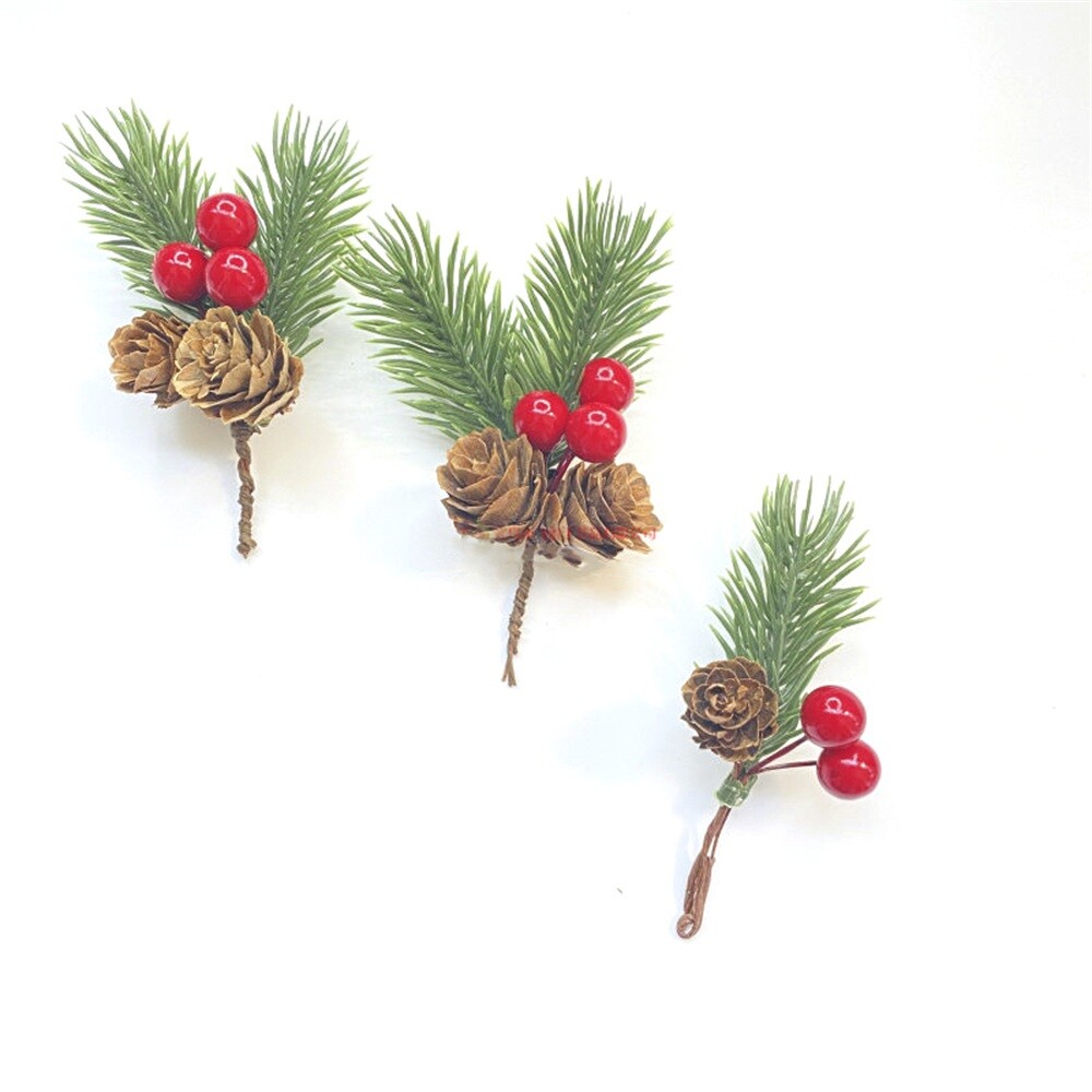 10Pcs Christmas Artificial Pine Branches with Leaves Red Holly Berries Craft DIY