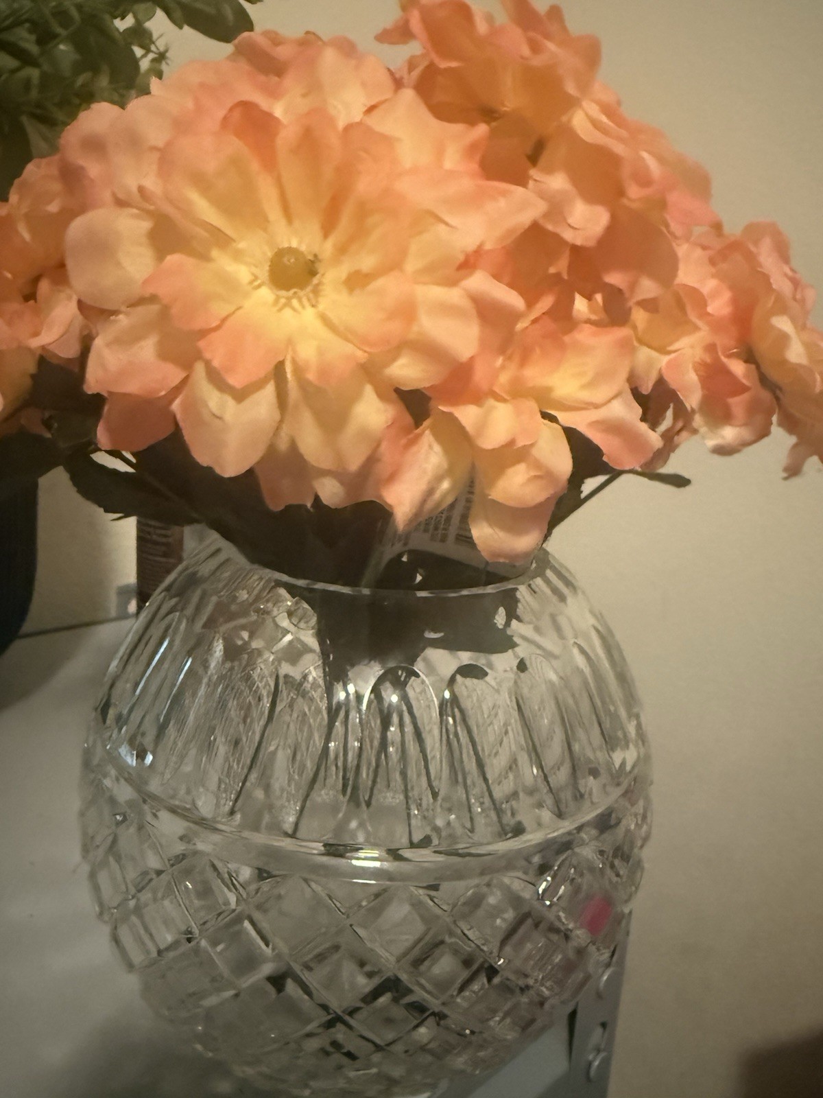 Artificial Floral Garden Zinnia Arrangement Peach Yellow Plastic in Glass Vase