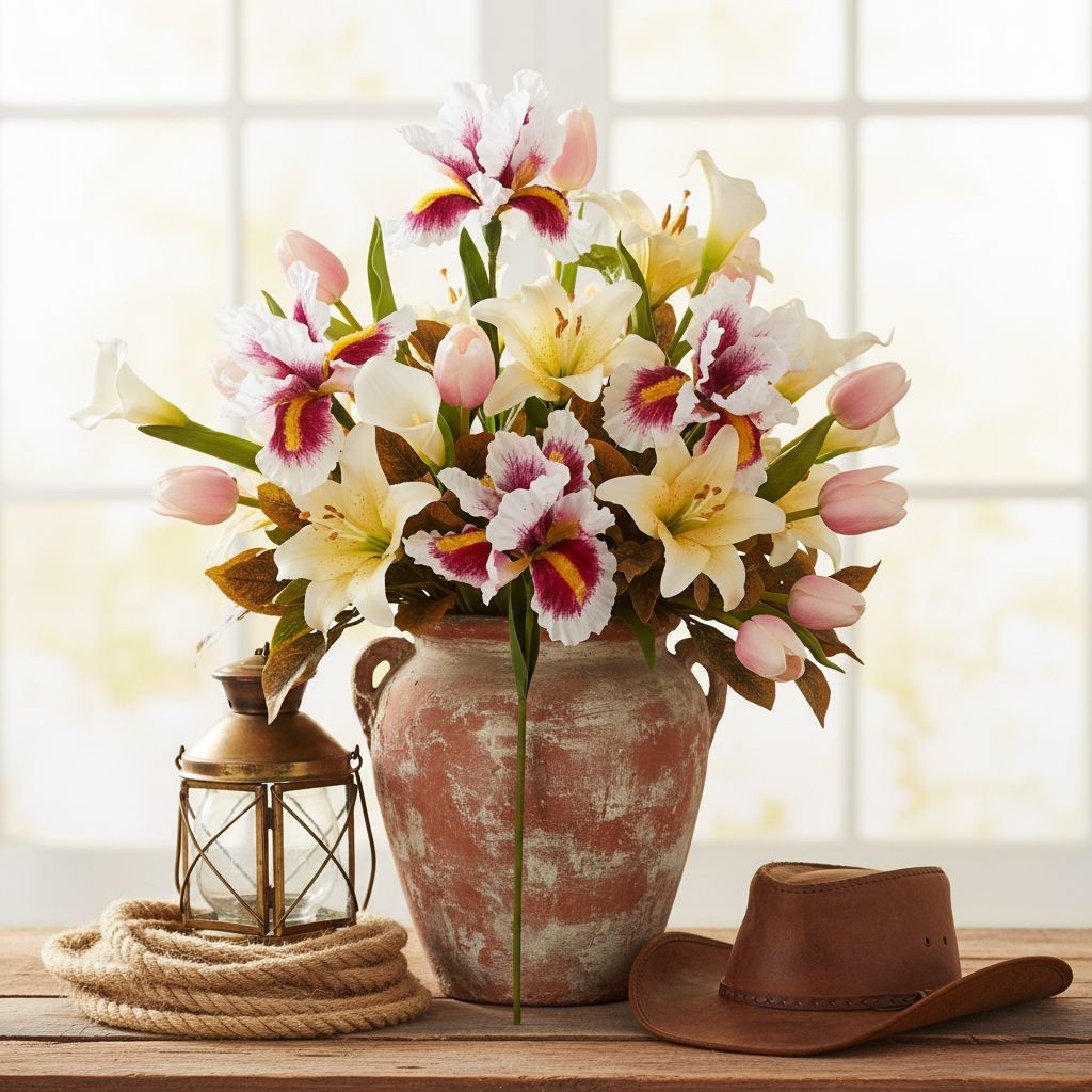 Faux Iris Flower Stems White Pink Yellow Floral Stems Artificial Flowers Cottage