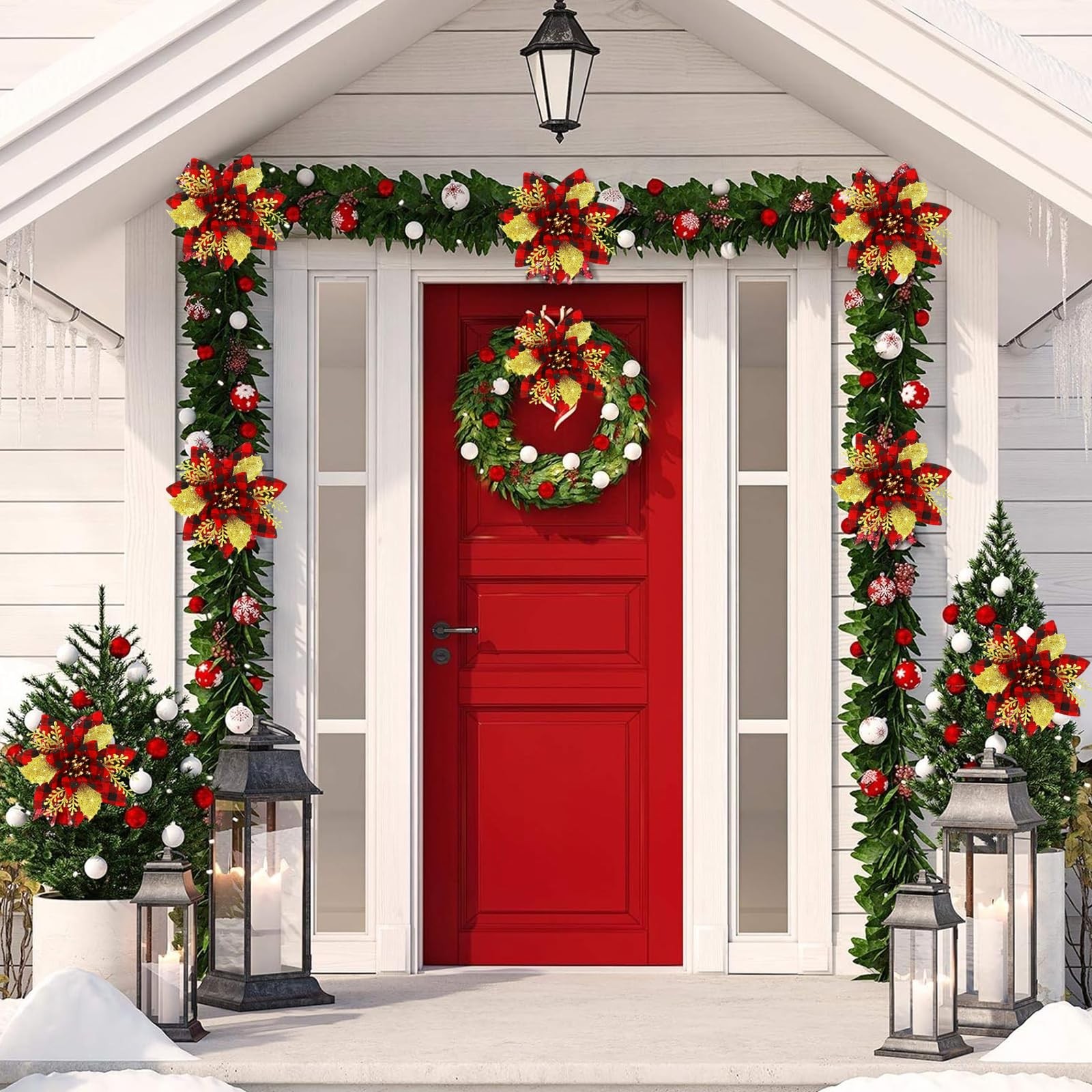 12 PCS Christmas Glitter Artificial Poinsettia Red Flowers Tree Decoration