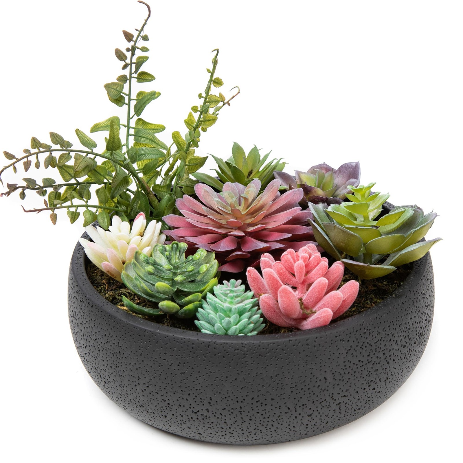8 Inch Round Modern Artificial Succulent Plant Arrangement Black Planter