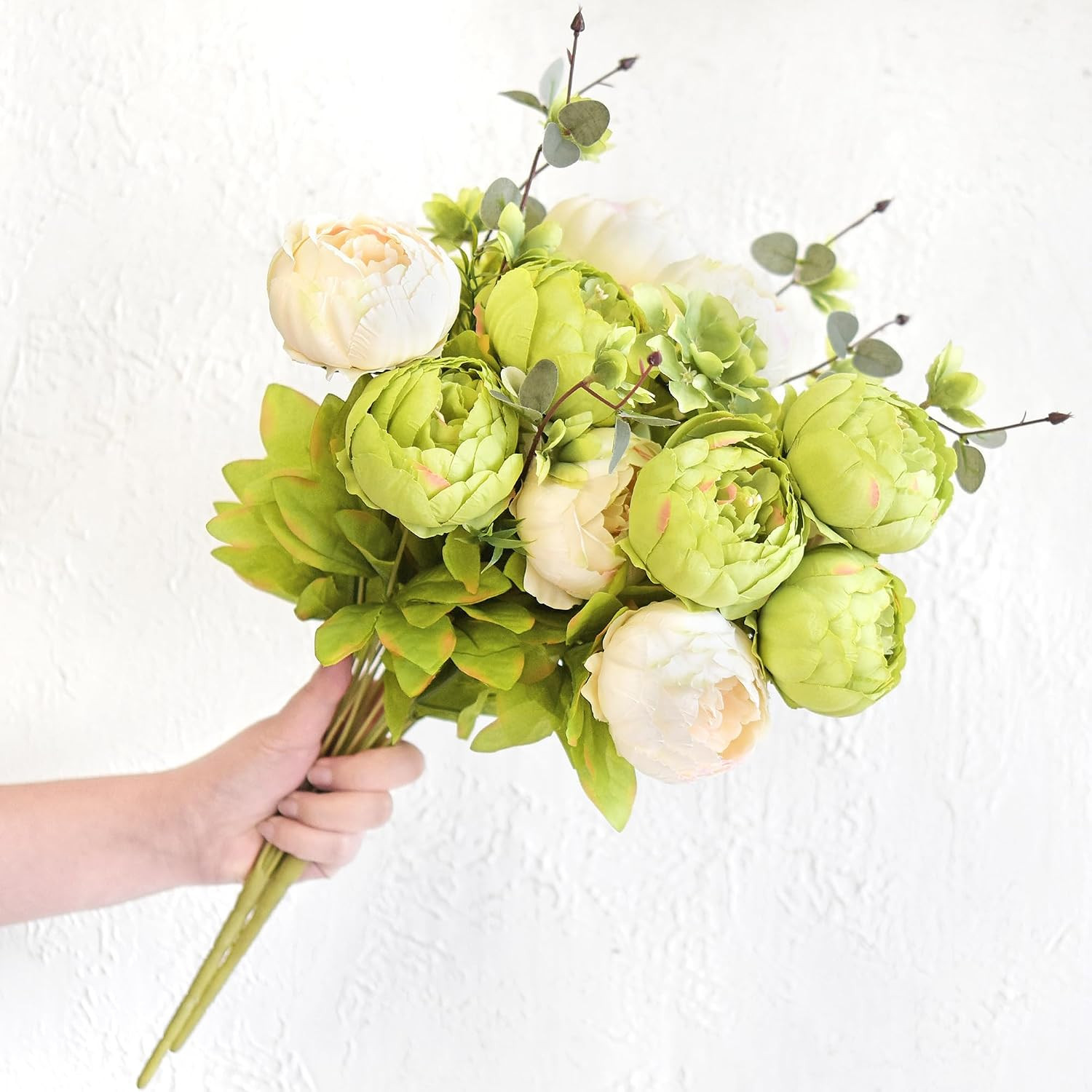 Cream Beige & Moss Green Artificial Peony Bouquets for Weddings & Home Decor