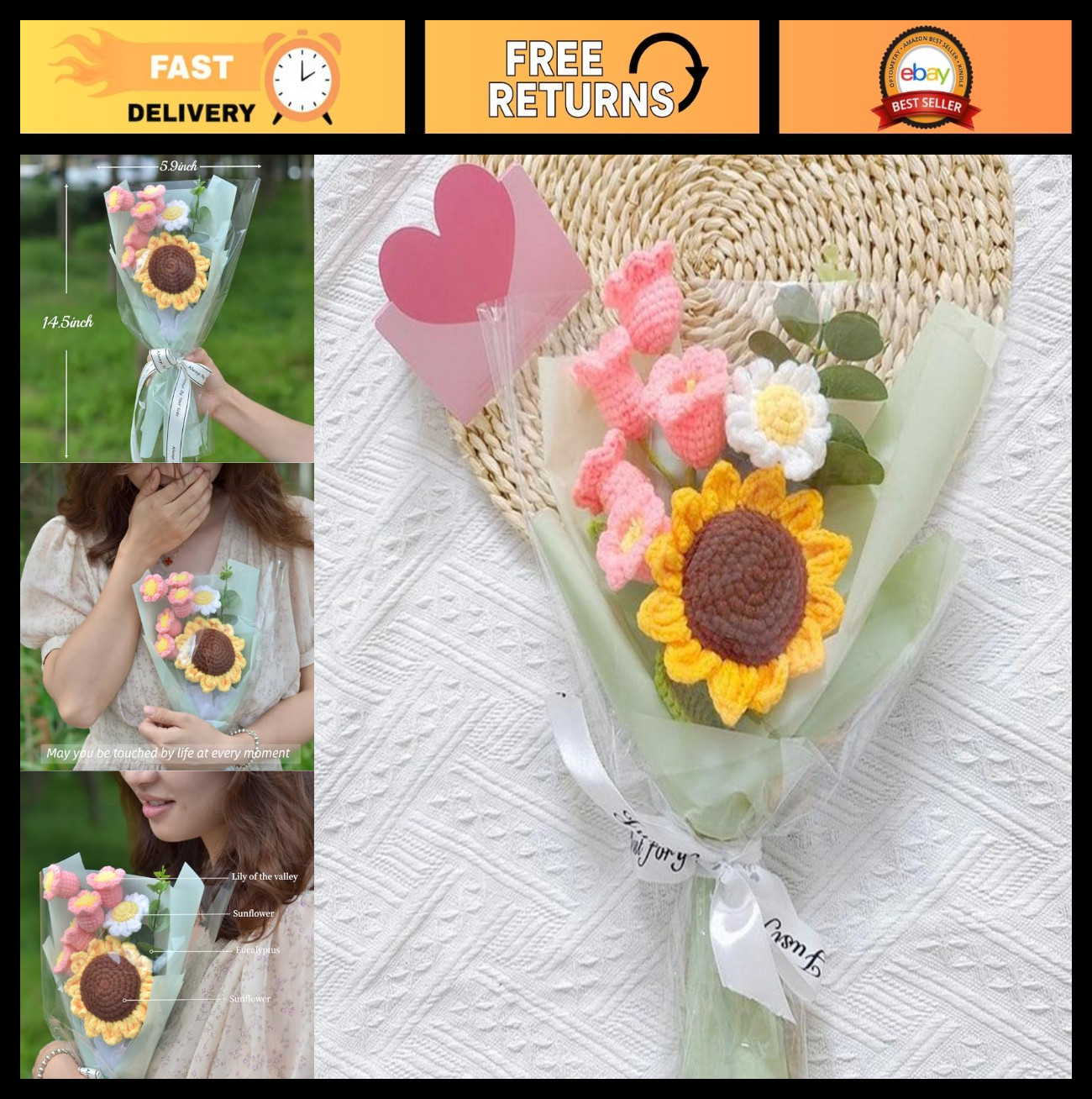 Handmade Crochet Flower Bouquet – Sunflower, Daisy & Lily – Faux Plants Home Dec