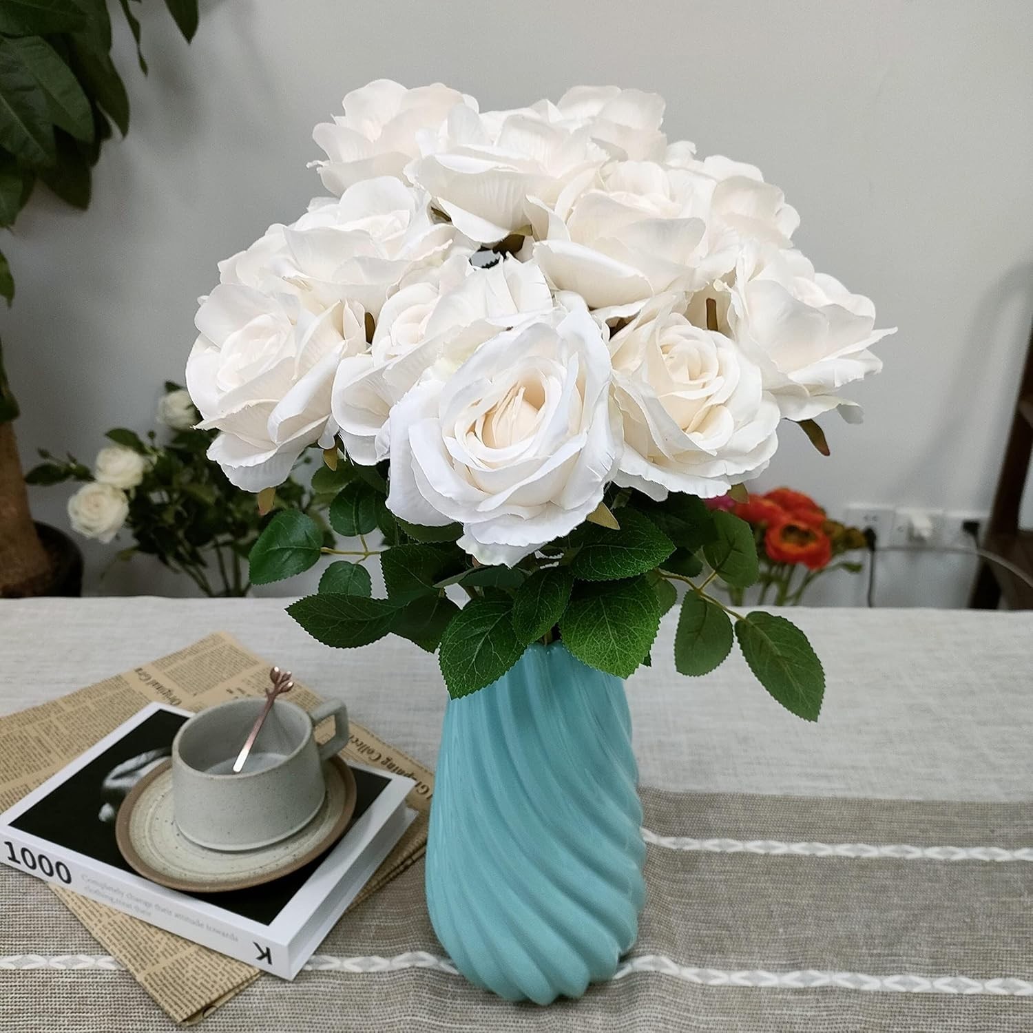 12 Pcs Ivory Artificial Roses – Stunning Faux Silk Flowers for Home Decor