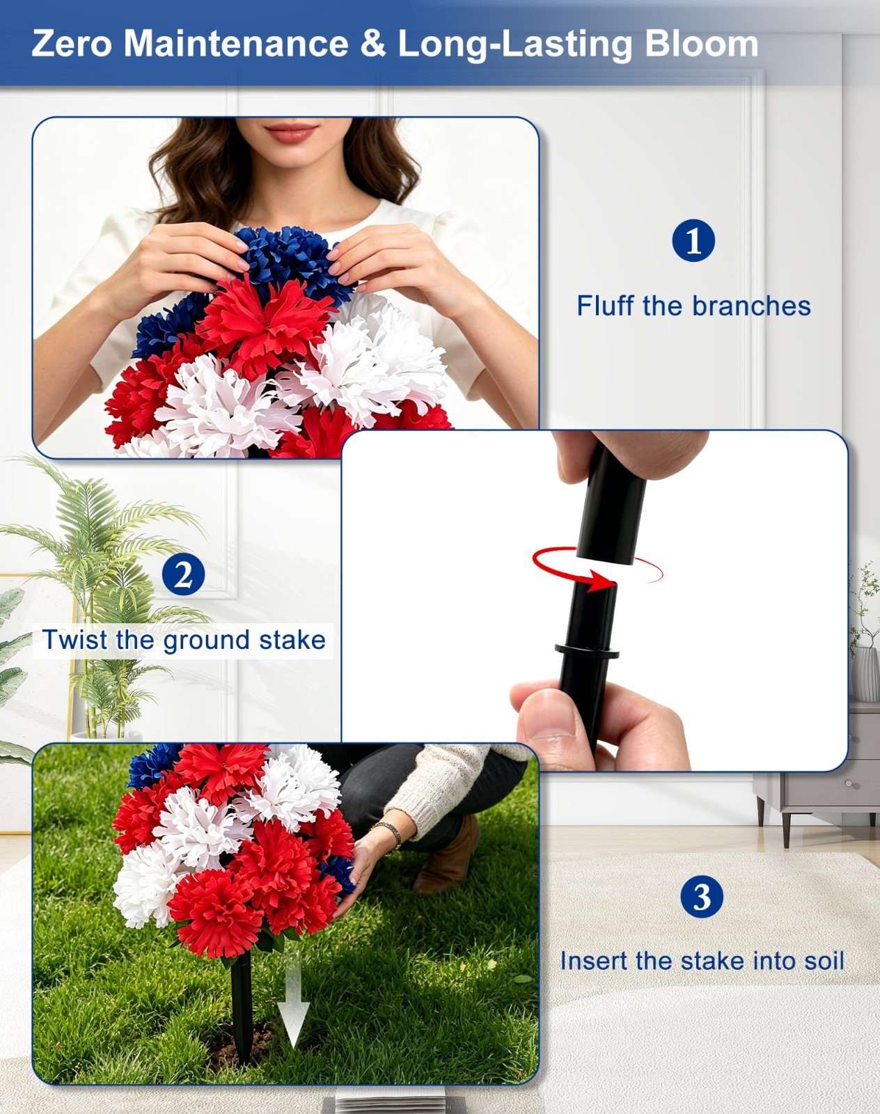 2 Pack 20″ Patriotic Red White Blue Artificial Flowers with Ground Stakes | UV R