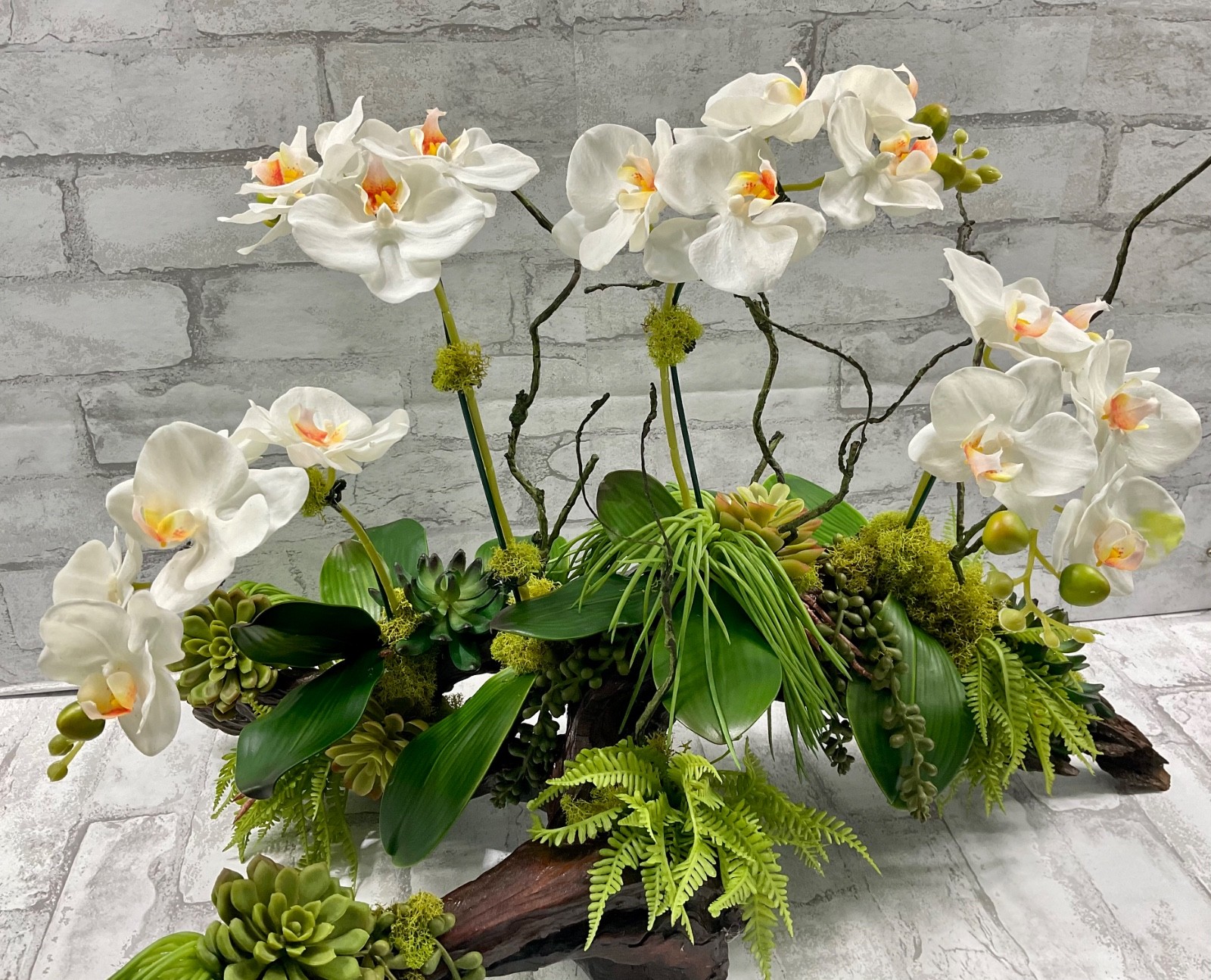 Large Driftwood Orchid Arrangement, White Real Touch Orchids Succulents 28’x17′