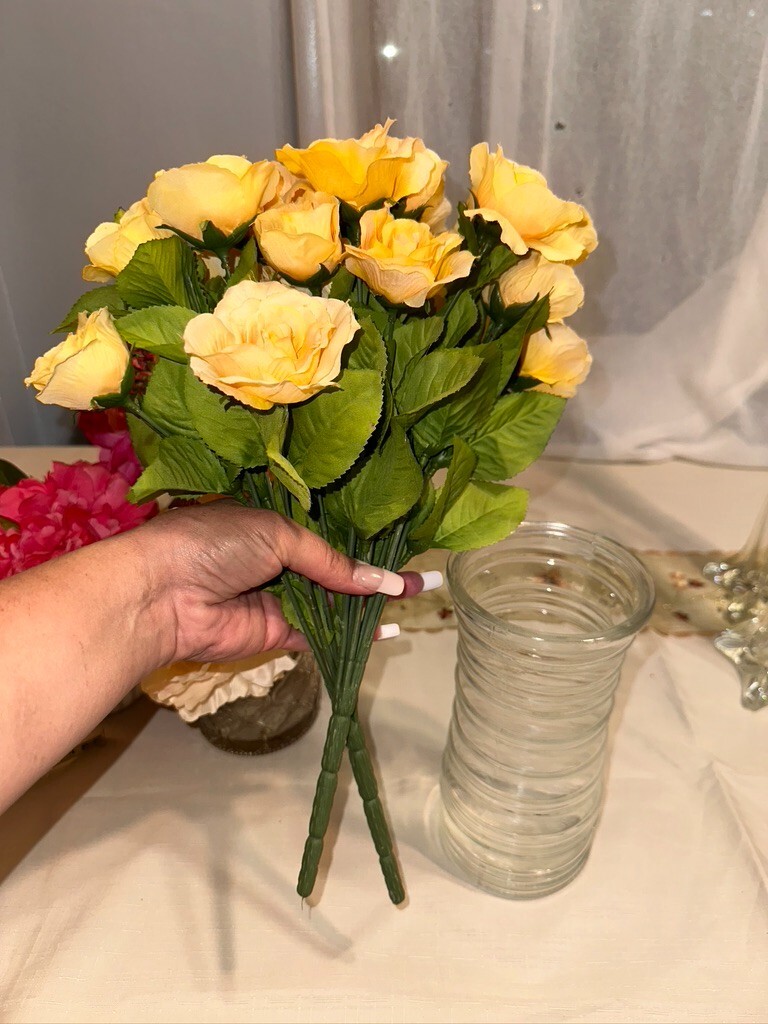 2 set 14″ Tall 14 Stems Yellow Roses Artificial Flowers Blossom Silk glass vase
