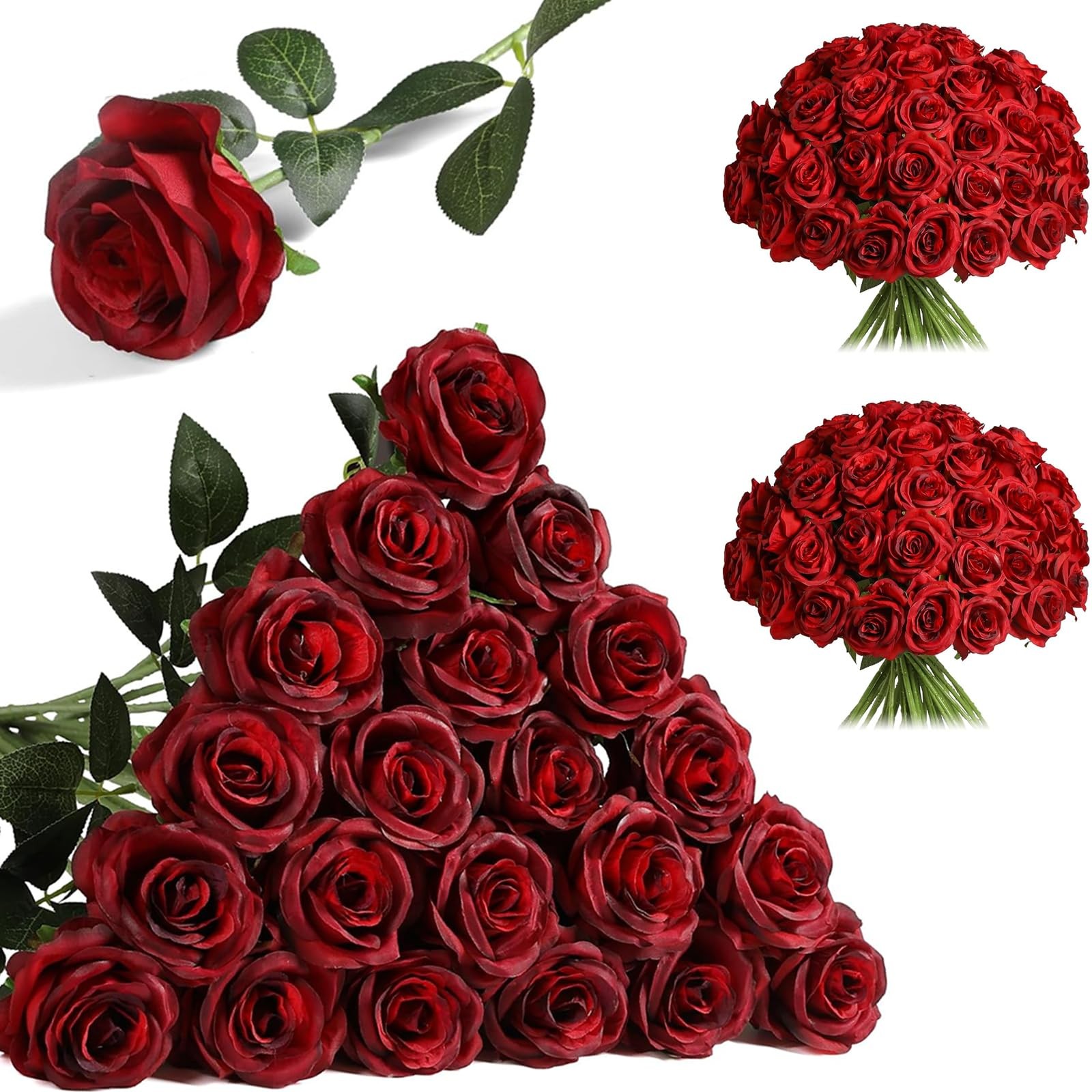 Nubry 24pcs Artificial Burgundy Roses, Fake Silk Roses Flower with