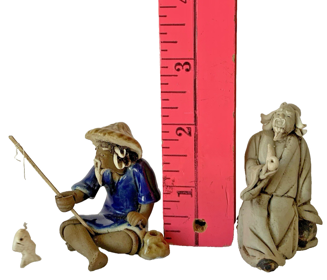 Vintage Lot of 3 Pcs Glazed Pagoda 2 Chinese Mudmen Mud Figure Fishermen Bonsai