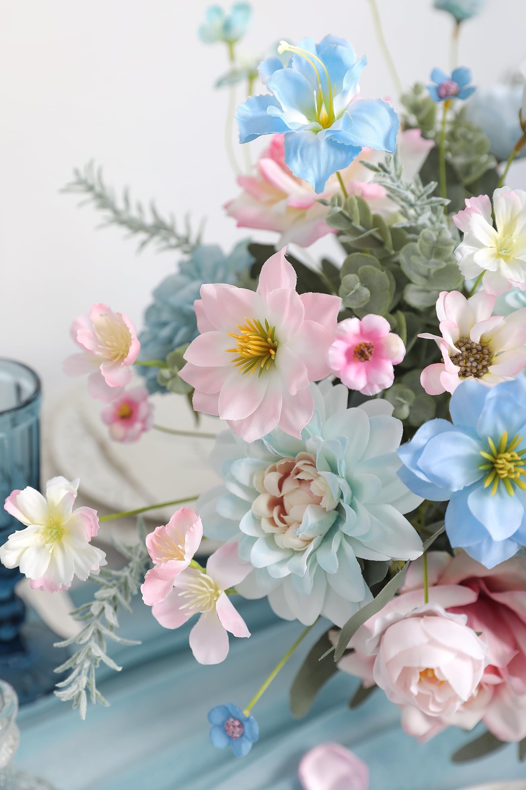 Artificial Silk Flowers Combo Box Set Blue Pink Roses for DIY Arrangements