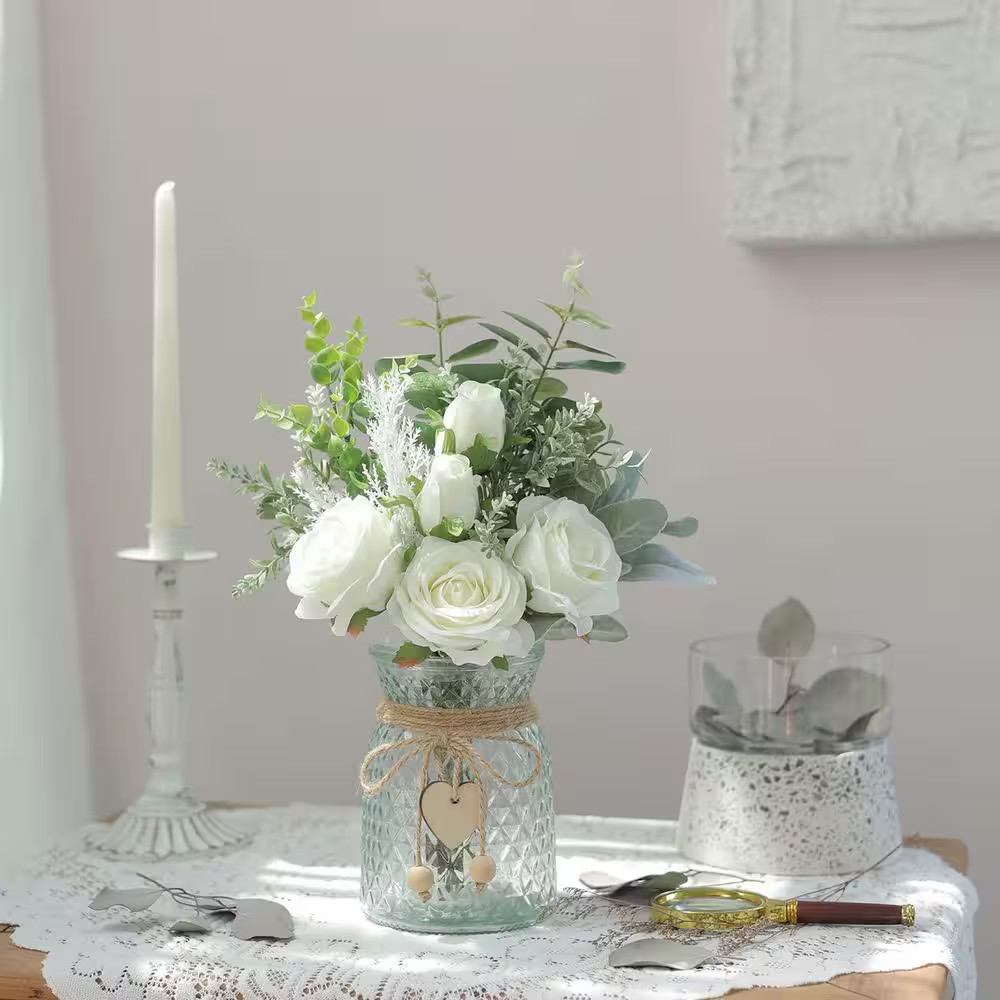 Faux Flowers with Vase 14.5 In. White Artificial Silk Roses Eucalyptus Flower Ar