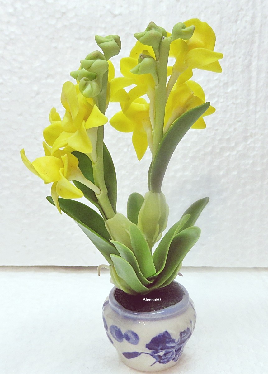 US stock 4″H Handcrafted Yellow Dendrobium Orchid arranged in a pot