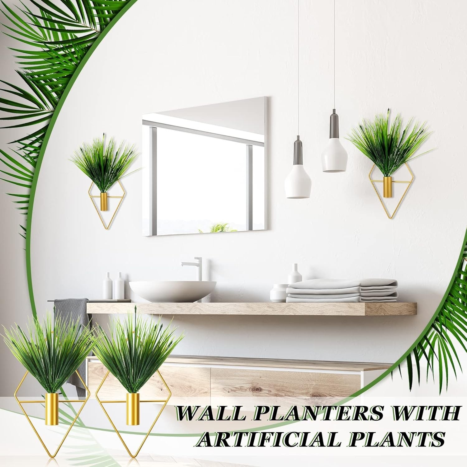 2 Pieces Gold Wall Decor Hanging Planters with Artificial Plants Metal Vase I…