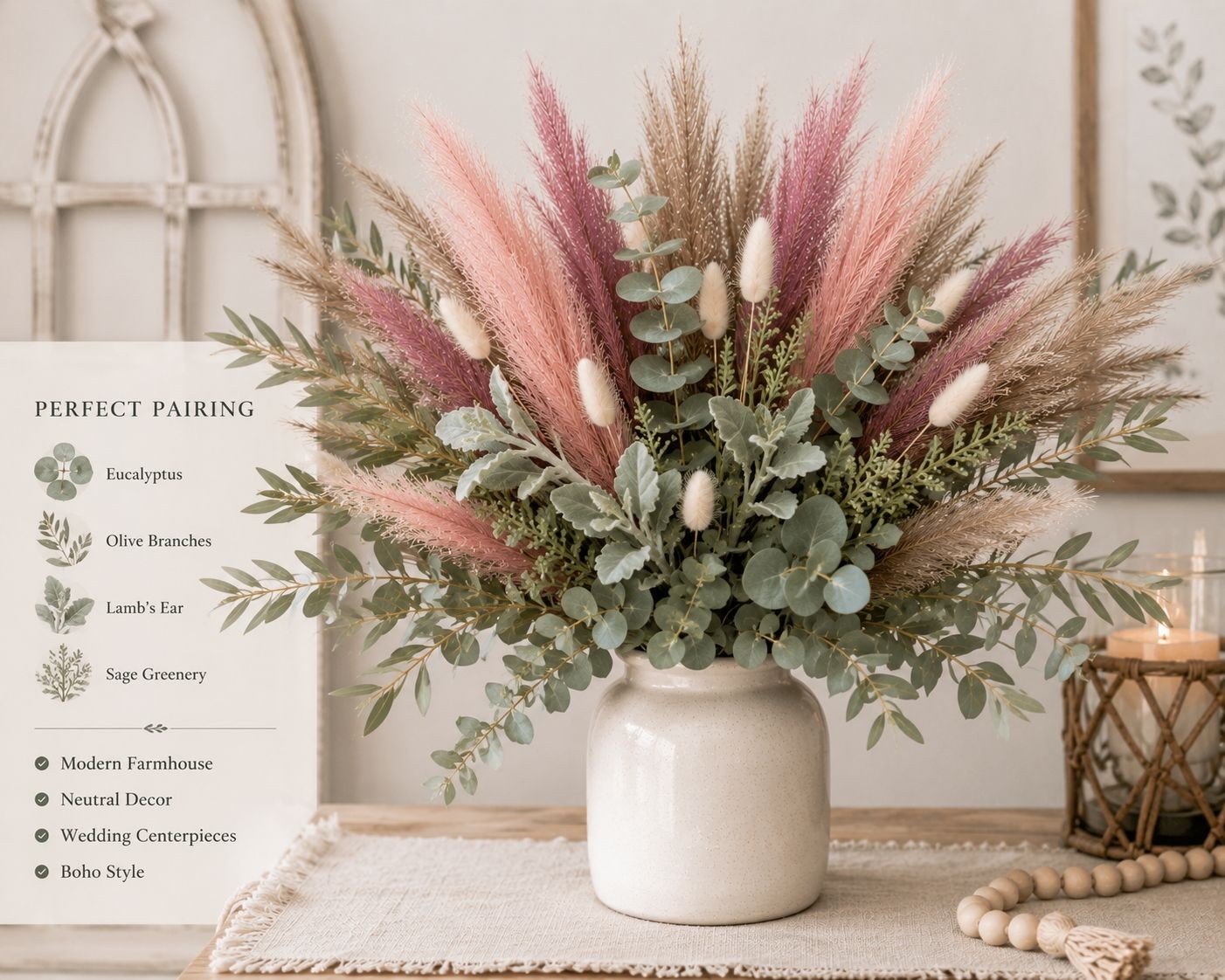 Dusty Pink Pampas Grass Decor Set of 15 Faux Pampas Stems Blush Mauve Taupe Pamp