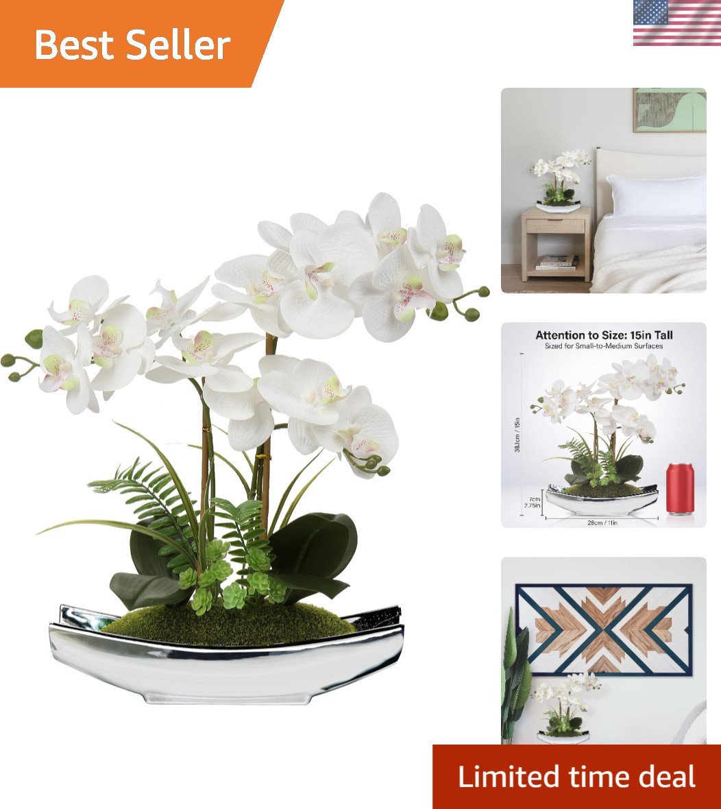 Elegant 15″ White Faux Orchid Arrangement in Silver Boat Pot | Centerpiece