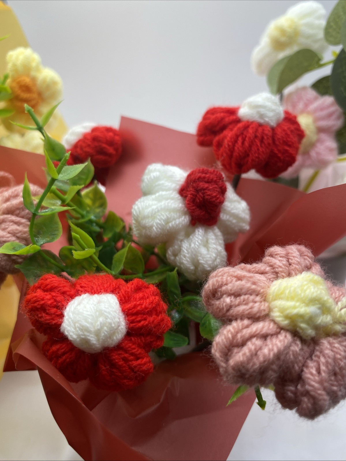 Crochet Flower Bouquet Handmade Yarn Artificial Flower (pink, Red, or Yellow)