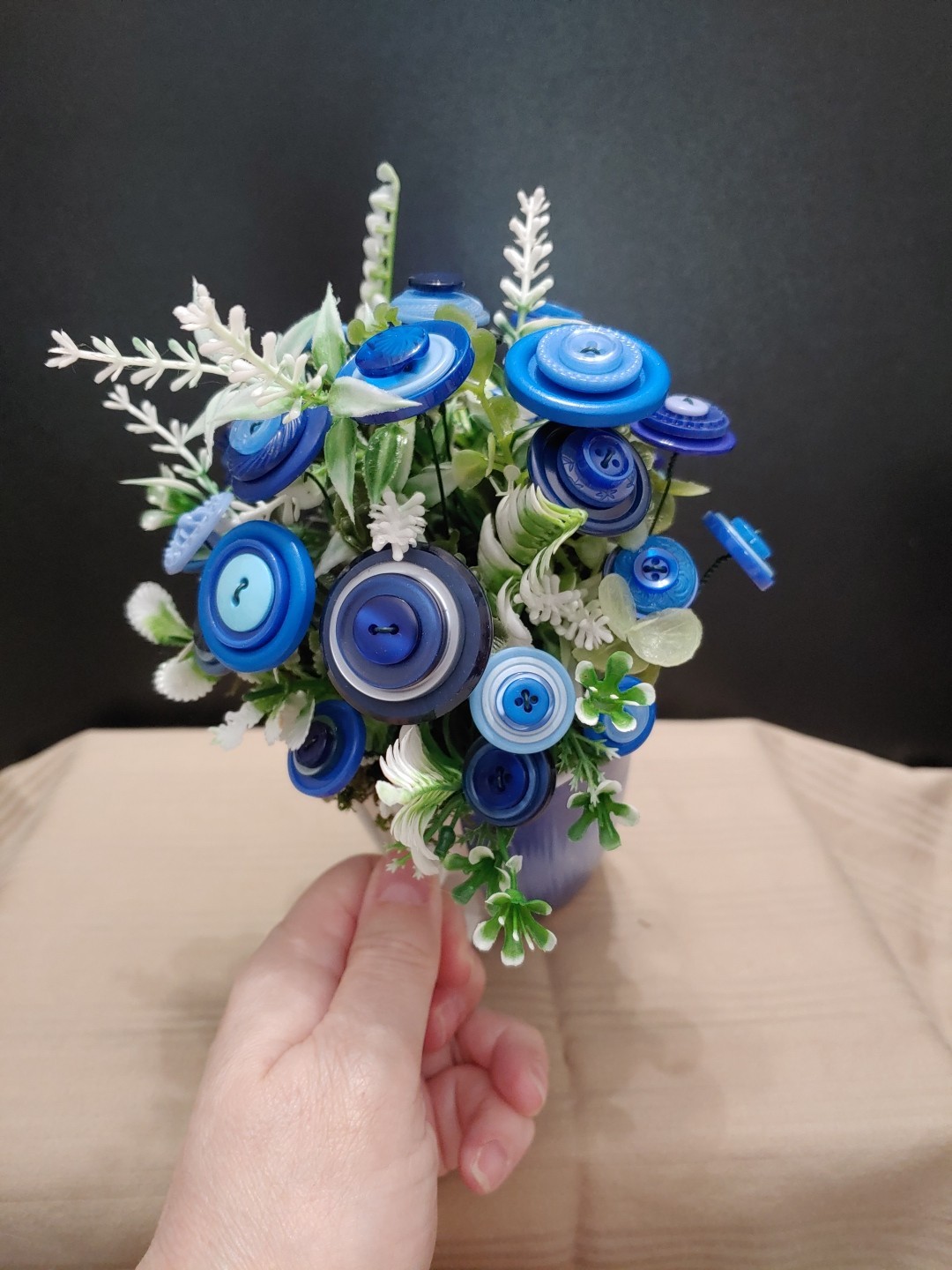Blue Button Flower Bouquet With Greenery In Blue White Coffee Mug Vintage Button