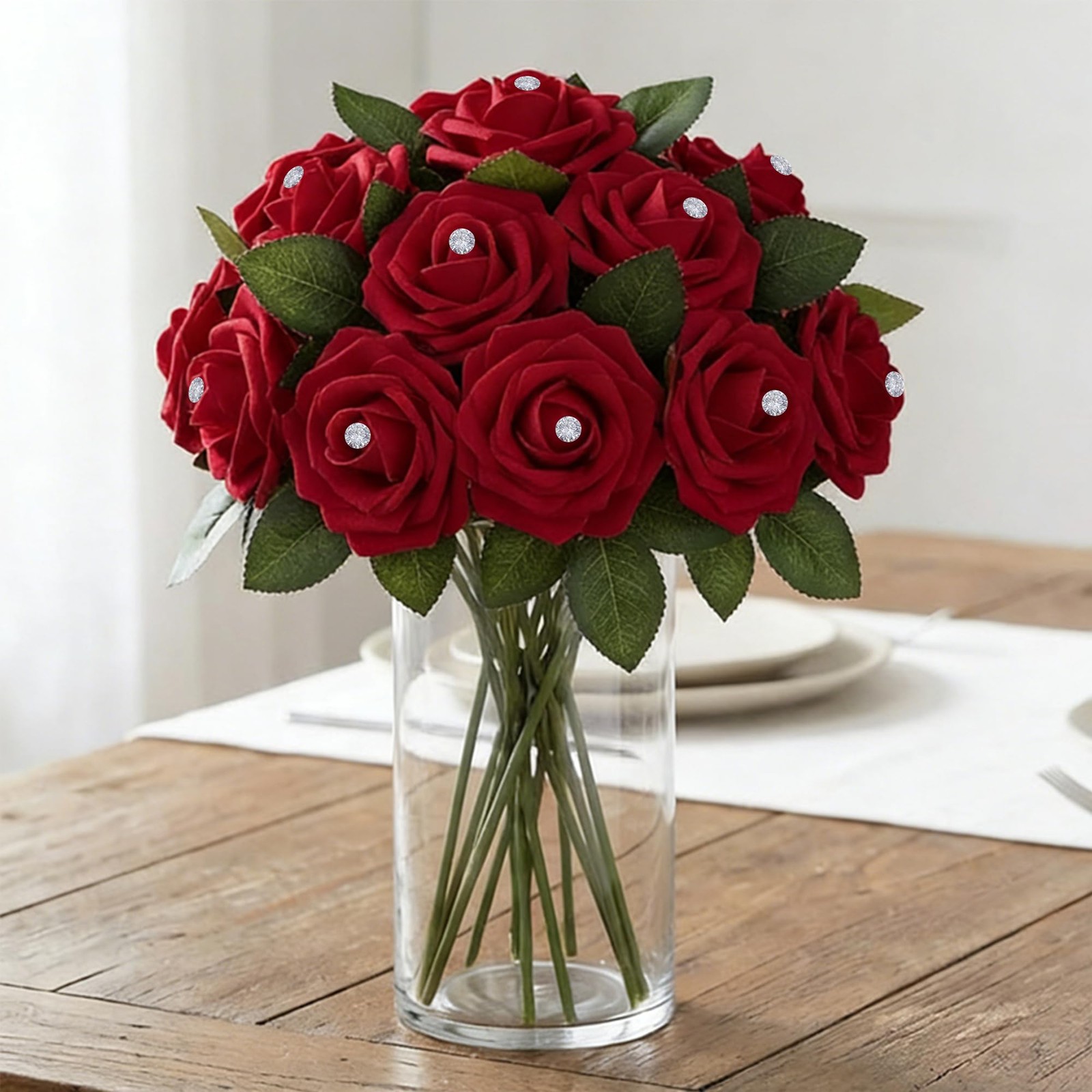 100Pcs Real Looking Burgundy with Diamonds Artificial Rose Flower Heads, Foam…