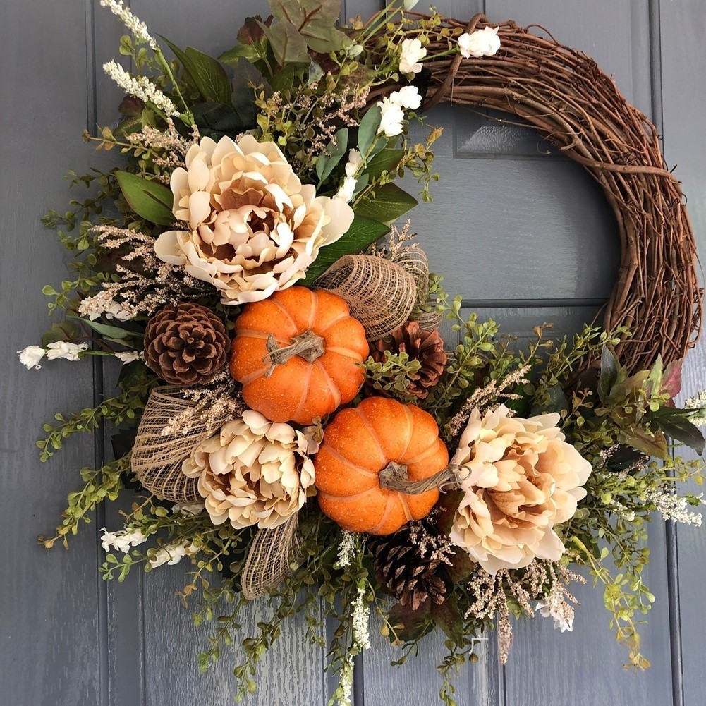 Autumn Wreath with Pumpkin Maple Leaf Eucalyptus Berries for Indoor Outdoor Use