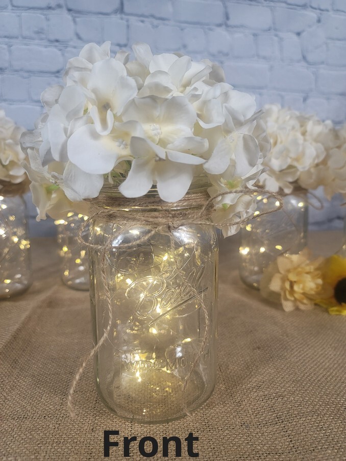 Lighted Mason Jar Centerpiece Set with Jute Bow and Floral Stems