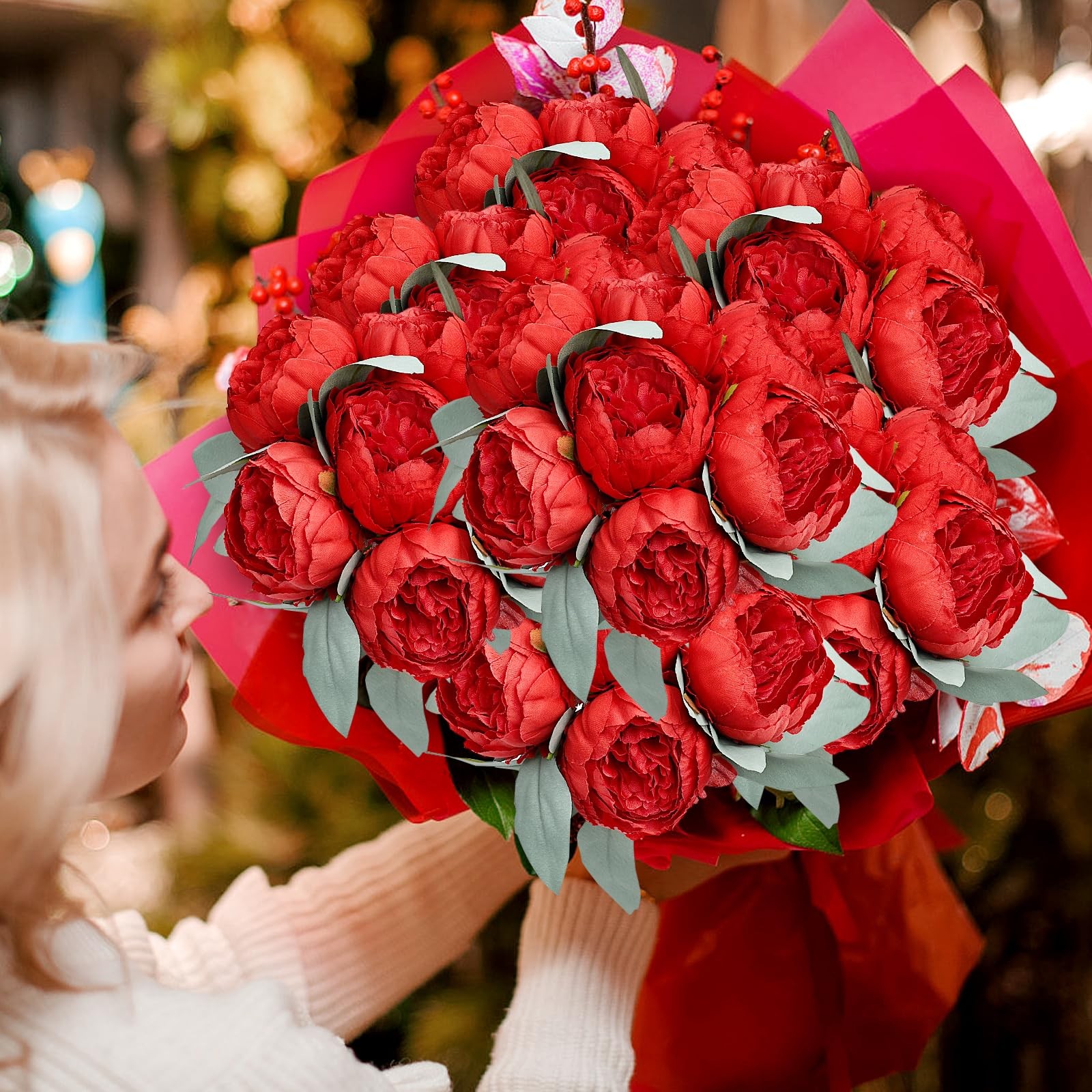 50 PCS Artificial Peonies Flowers Bulk 4 Inch Red Silk Heads Faux Decor