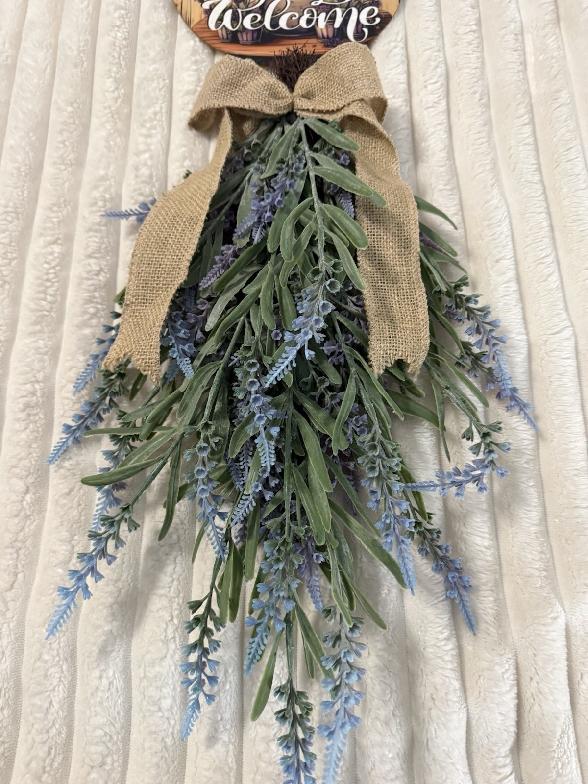 Farmhouse PURPLE Lavender Teardrop Hanging Flower Wreath And Welcome Sign Decor