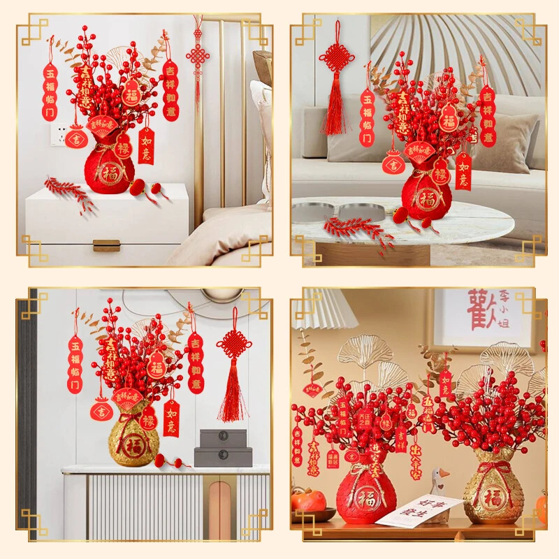 Chinese Spring Festival Decorations Vase Artificial Red Berries Plant Vase with
