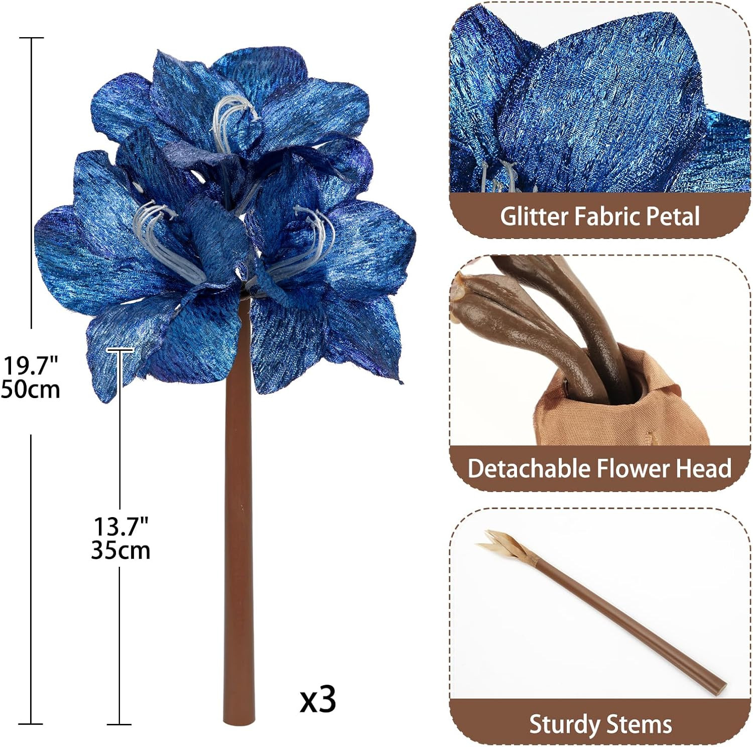 Blue Glitter Amaryllis Stems – 19.7″ Faux Flowers for Christmas Decor