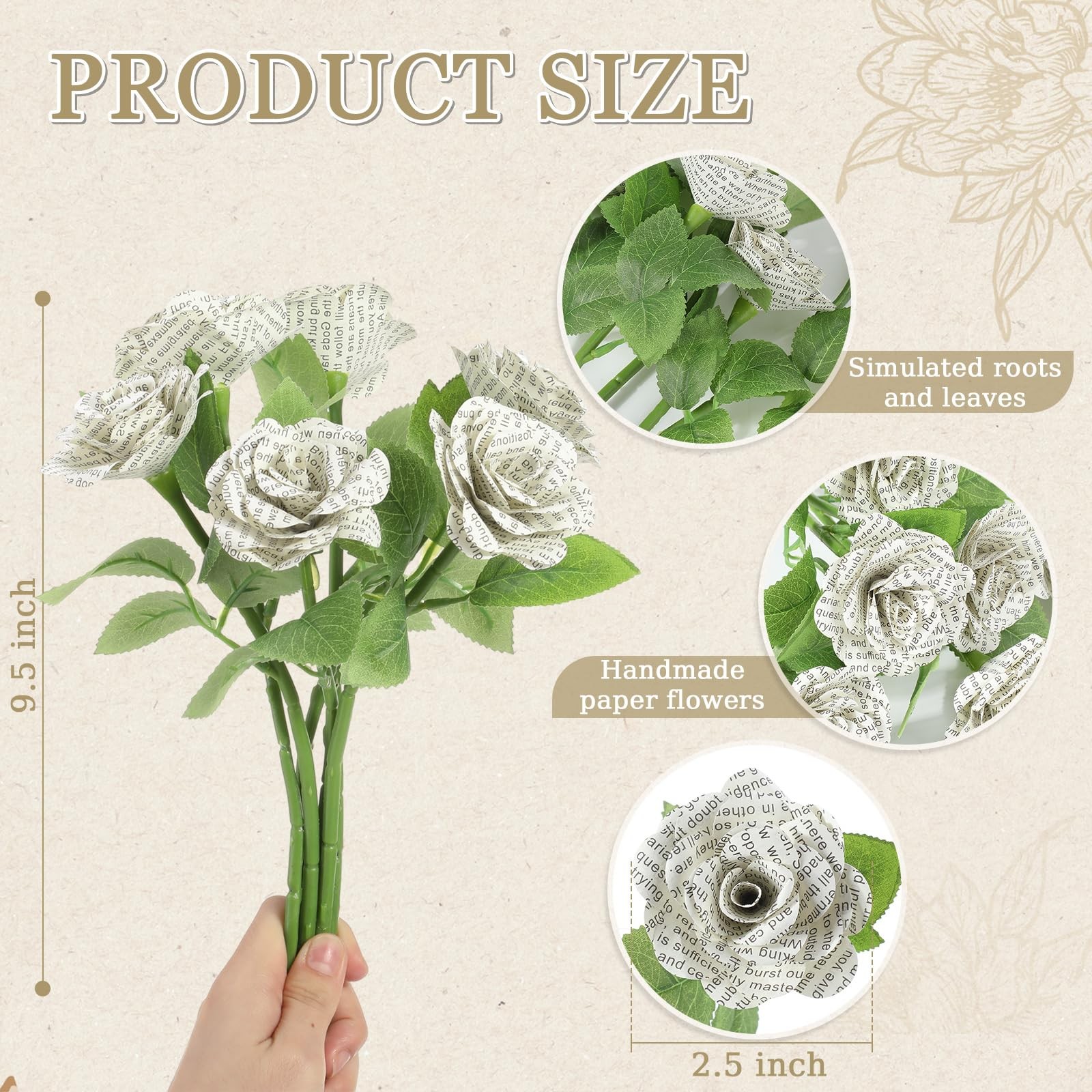 6 Pcs Rose Handmade Paper Flowers Made from English Book Pages Literary Gifts…
