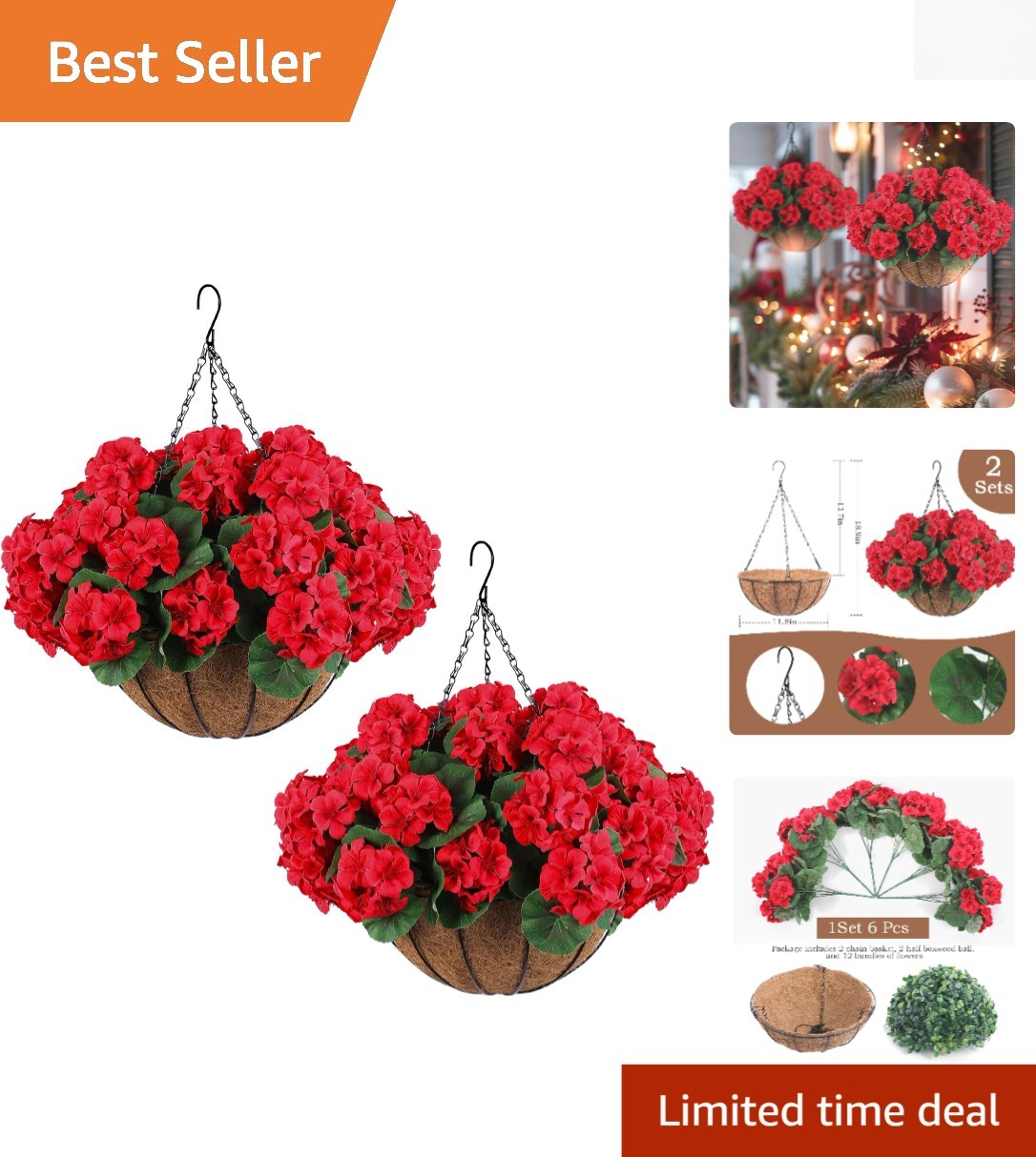 Versatile Red Geraniums with Baskets – Perfect for Christmas and All- Decor