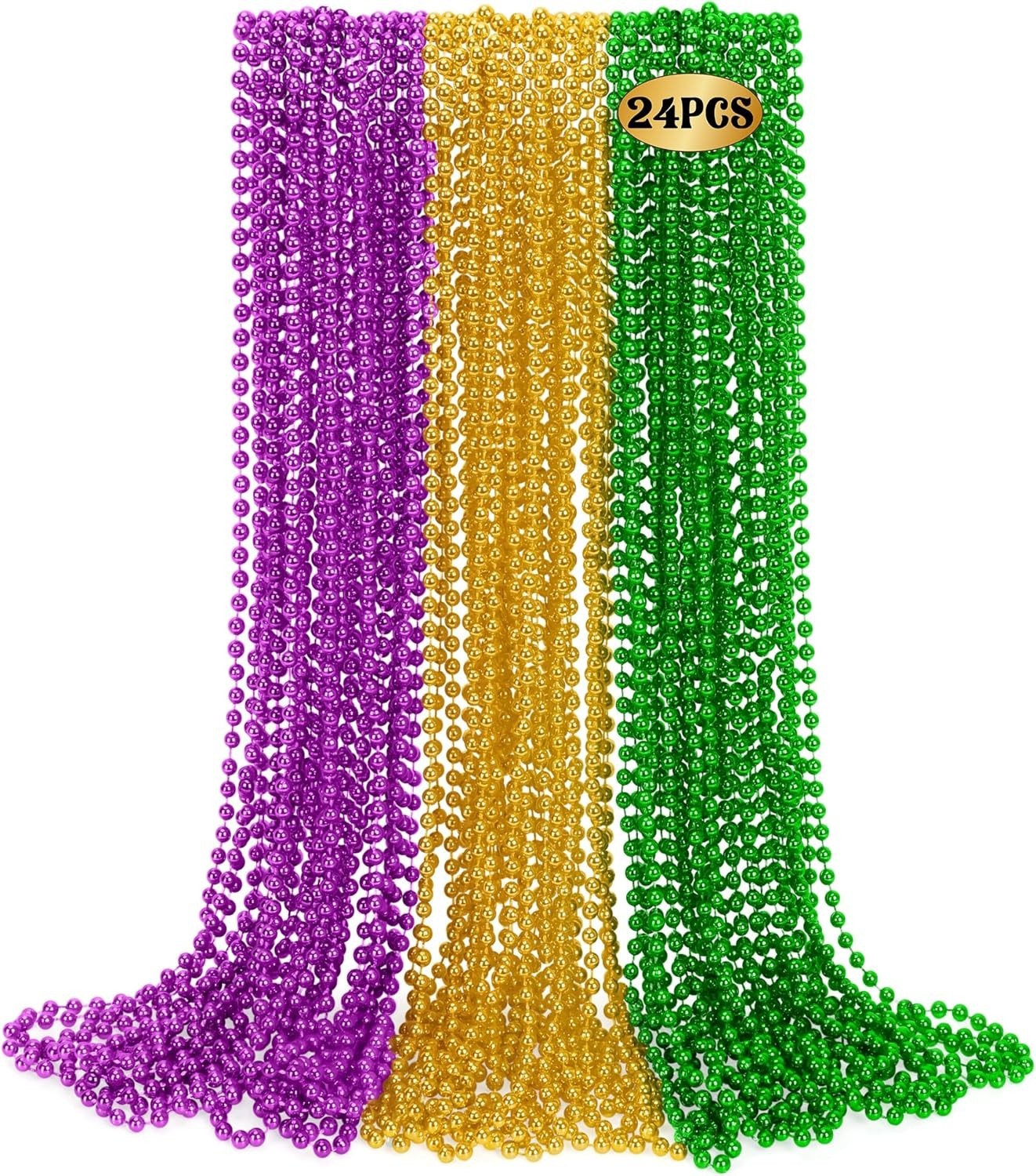 24 PCS Mardi Gras Beads Necklaces, 33″ Green Purple Gold Metallic Costume Access
