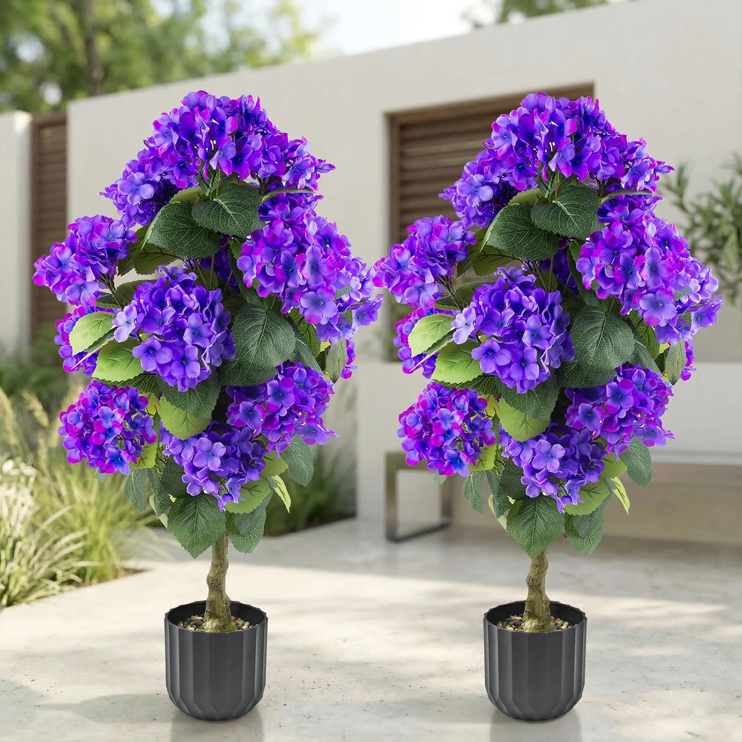 2 Pcs 3 Ft Artificial Hydrangea Trees Potted, UV Resistant Faux Silk Hydrangea P