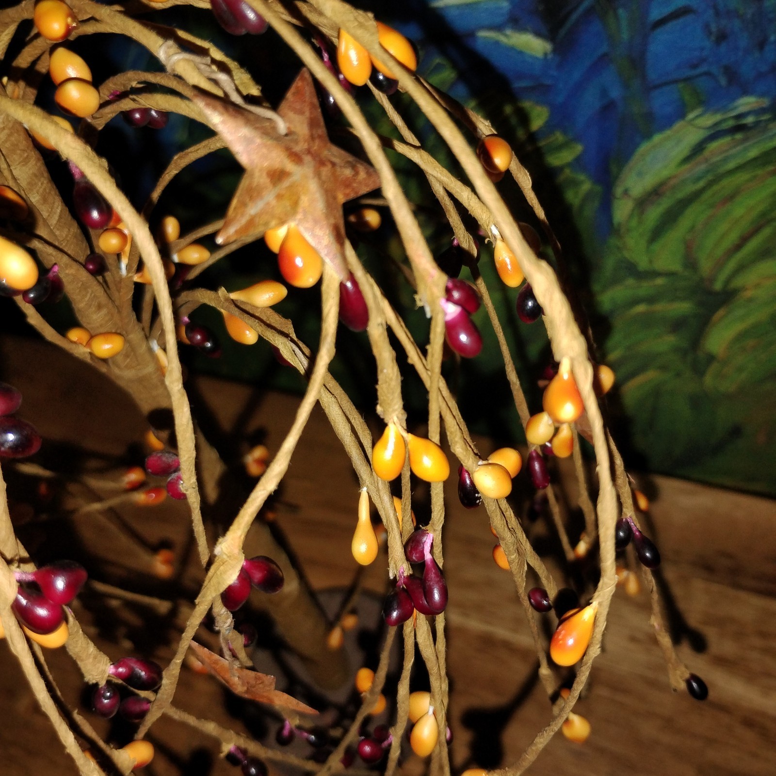 Weeping Willow Tree Primitive Orange & Red Berries with Stars-Rustic Country