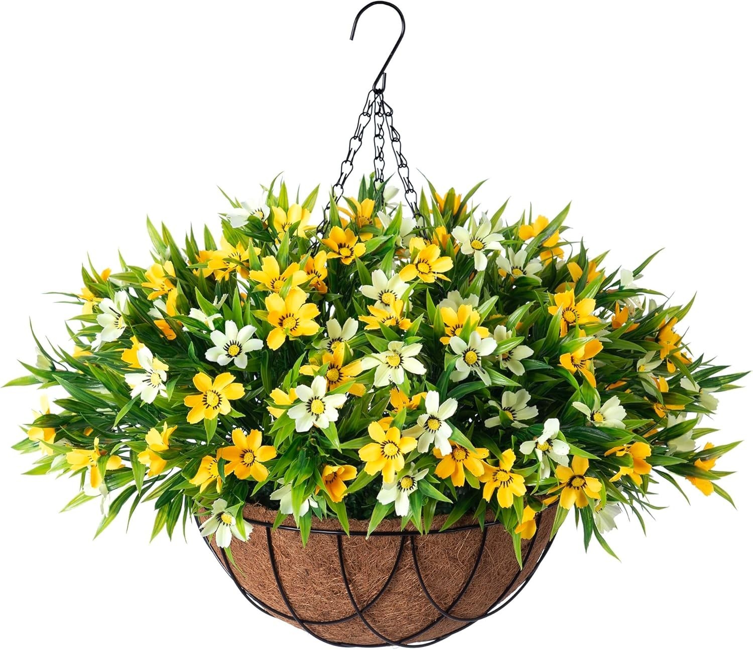 Artificial Hanging Flowers with 12″ Basket for Outdoor Decor, Faux Silk Daisy…