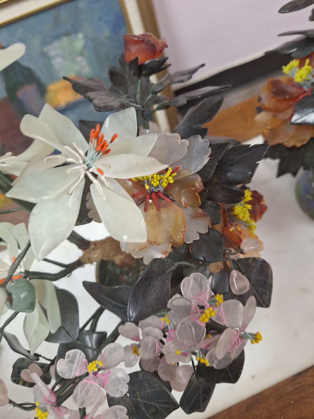 2 Hand Painted Japanese Flower Pots With Artificial Flowers With Jade 3.5″ Diam