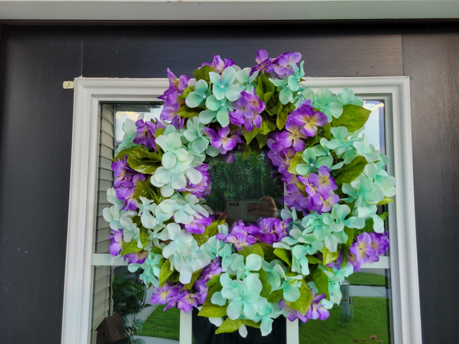 FLORAL one of a kind WREATH flowers Decor Front Door 16″ new green Hydrangeas