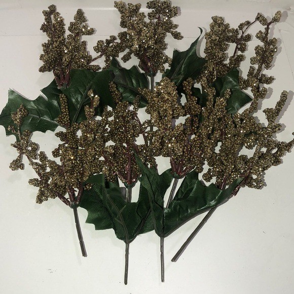 Artificial Gold and Green Decorative Berry Stems 7 total Christmas holiday ..