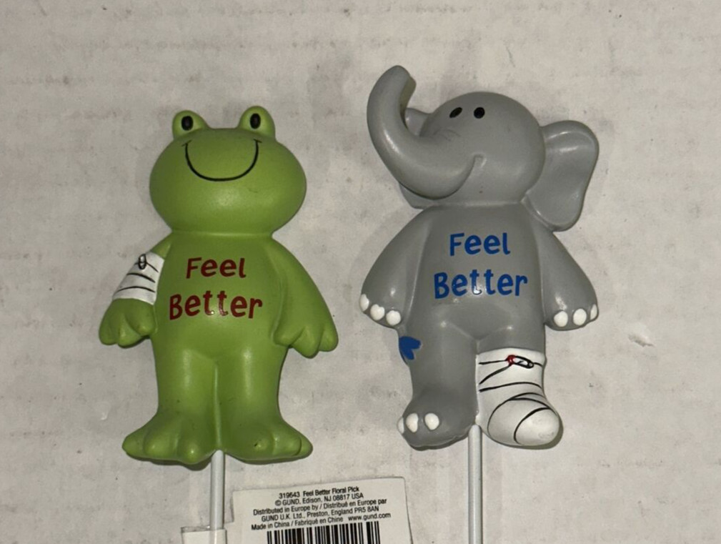Lot x4 Get Well Soon Feel Better Gund Ceramic Floral Picks Dog Bear Frog 11″ Set