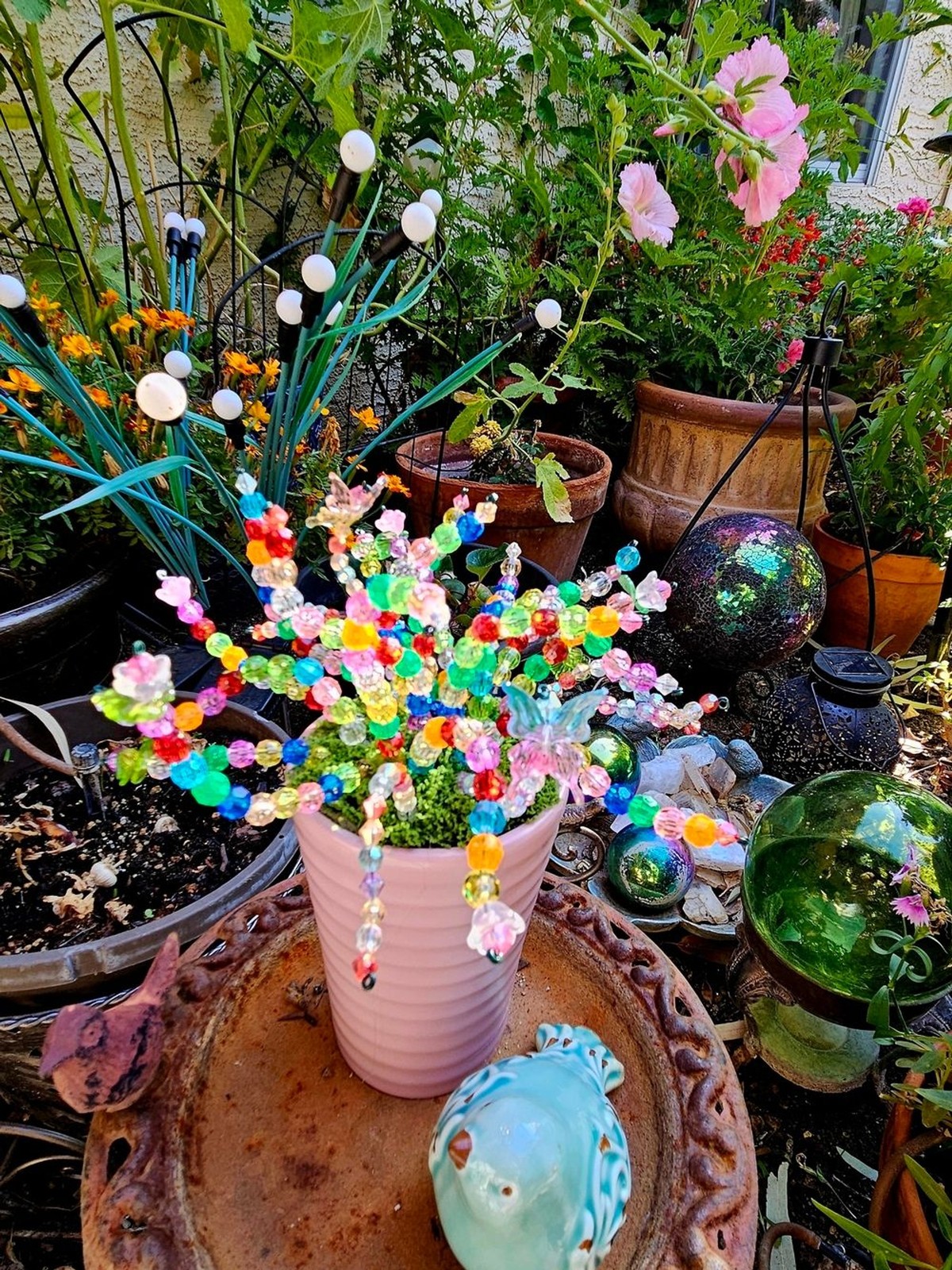 Colorful Beaded Flower Bouquet In A Mauve Pot – Multicolor