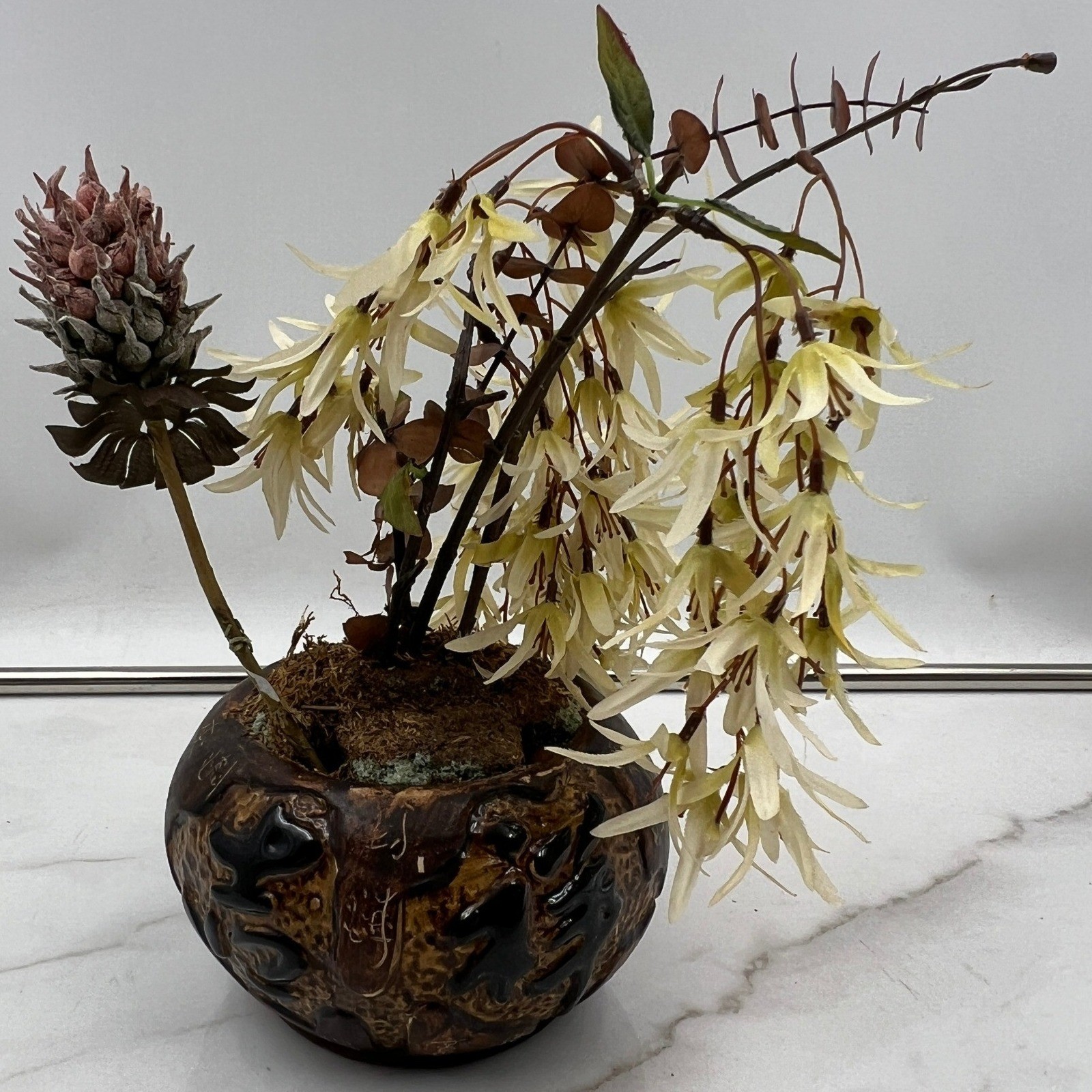 Vintage Chinese Calligraphy Ceramic Planter with Faux Floral Arrangement Brown