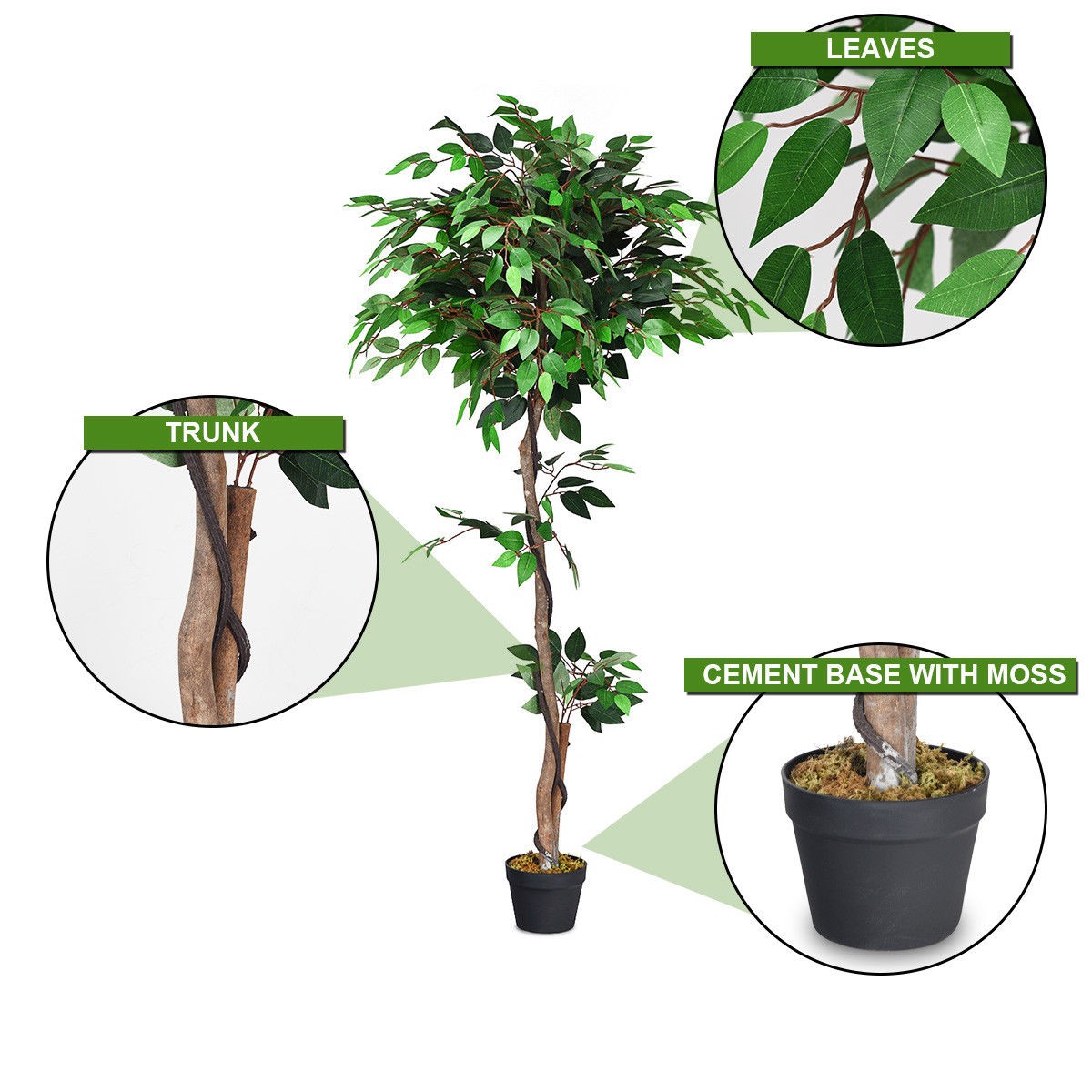 5.5-Feet Artificial Ficus Silk Tree Wood Trunks Green In/Outdoor Home Décor