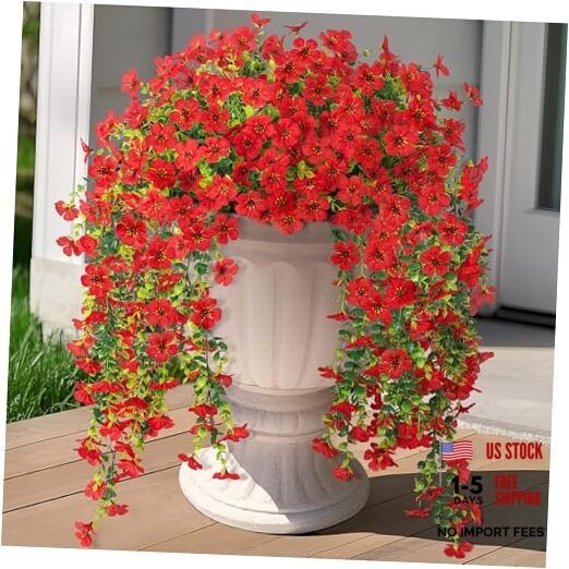 Fake Artificial Hanging Flowers for Outdoors Decoration, 2 PCS Faux UV Red