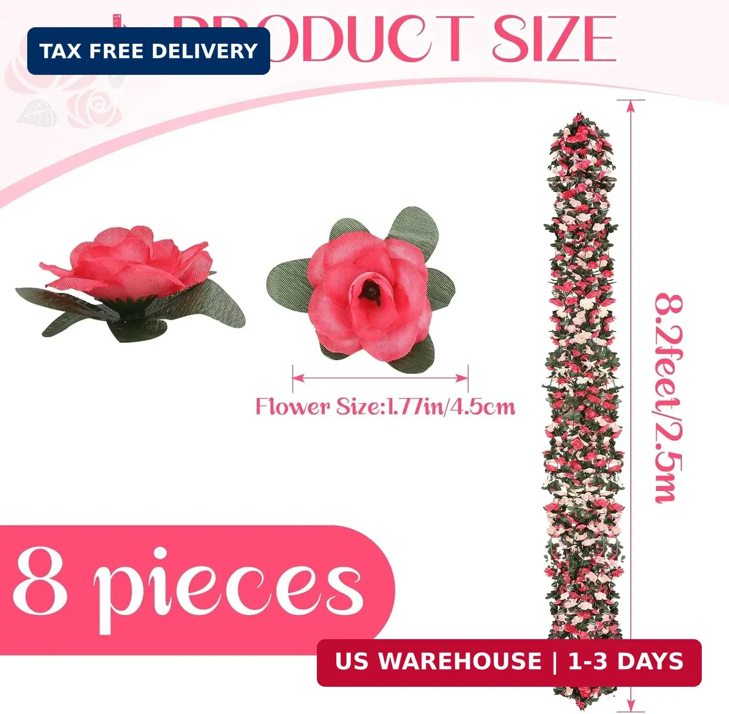 8 Pcs 65.6FT Flower Garland,Rose Garland,PinkFlower Vines for Decoration, Weddin