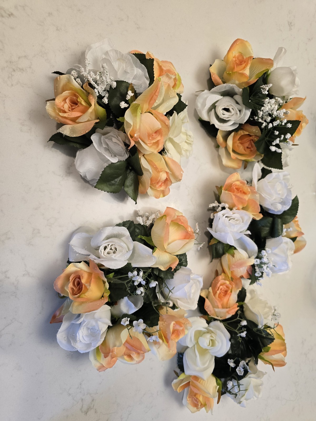Artificial Flowers Weddingr Centerpieces 5 Pc. White, Orang Roses w/Babys Breath