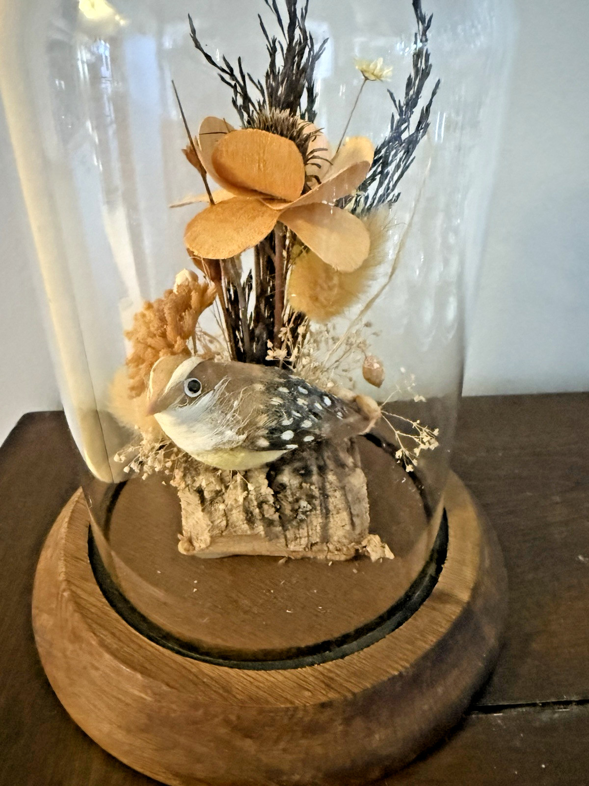 Vintage Hand Made Dried Floral & Bird Diorama / Terrarium Glass Dome Display