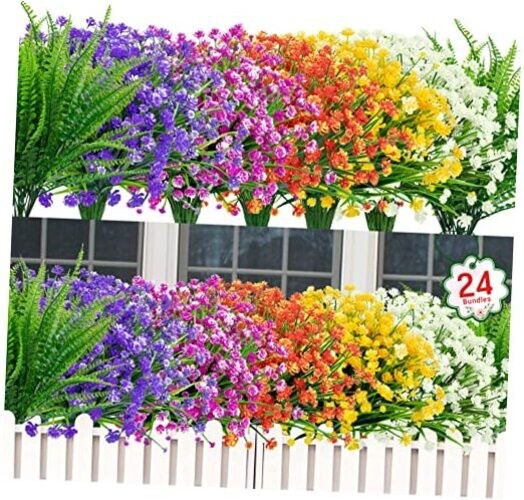 24 Bundles Artificial Flowers for Outdoors UV Resistant 24 Packs Multi Color