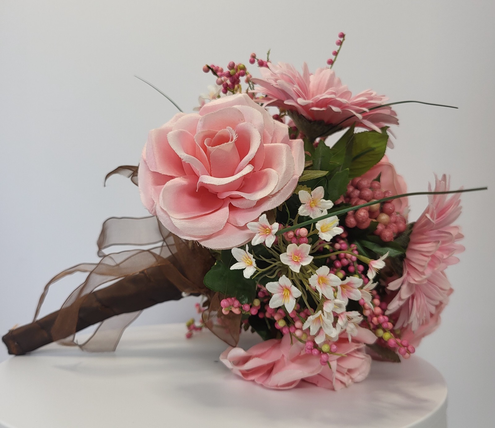 Artificial Pink Bouquet with Gerbera Daisies Roses Filler Berries Wrapped Stem