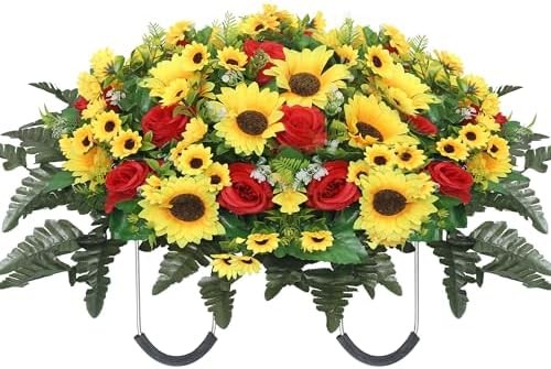 Lodou Artificial Cemetery Flowers for Grave,Headstone Flower Saddle Silk Sunflow