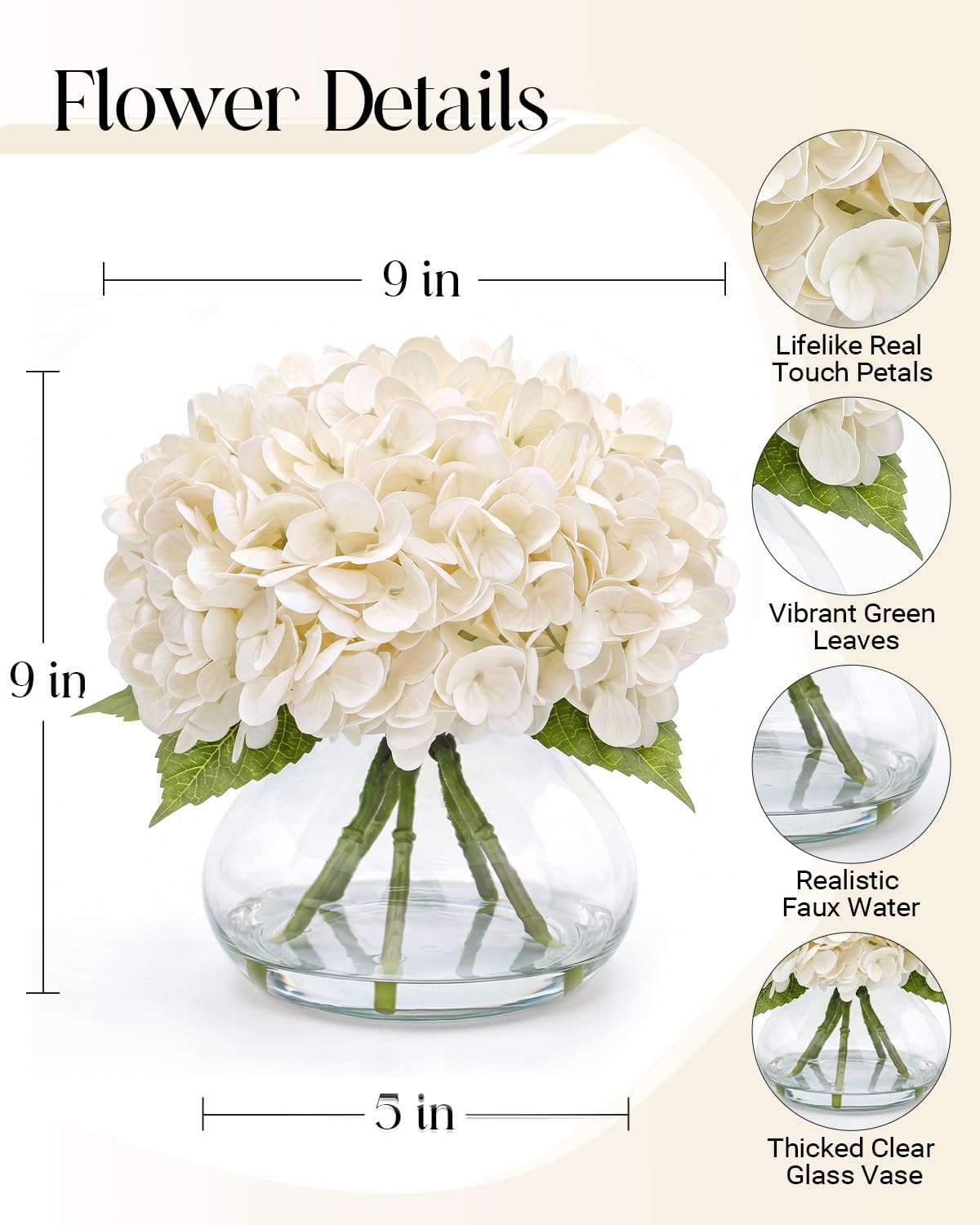 Realistic White Hydrangea Artificial Flowers with Vase for Home Decor
