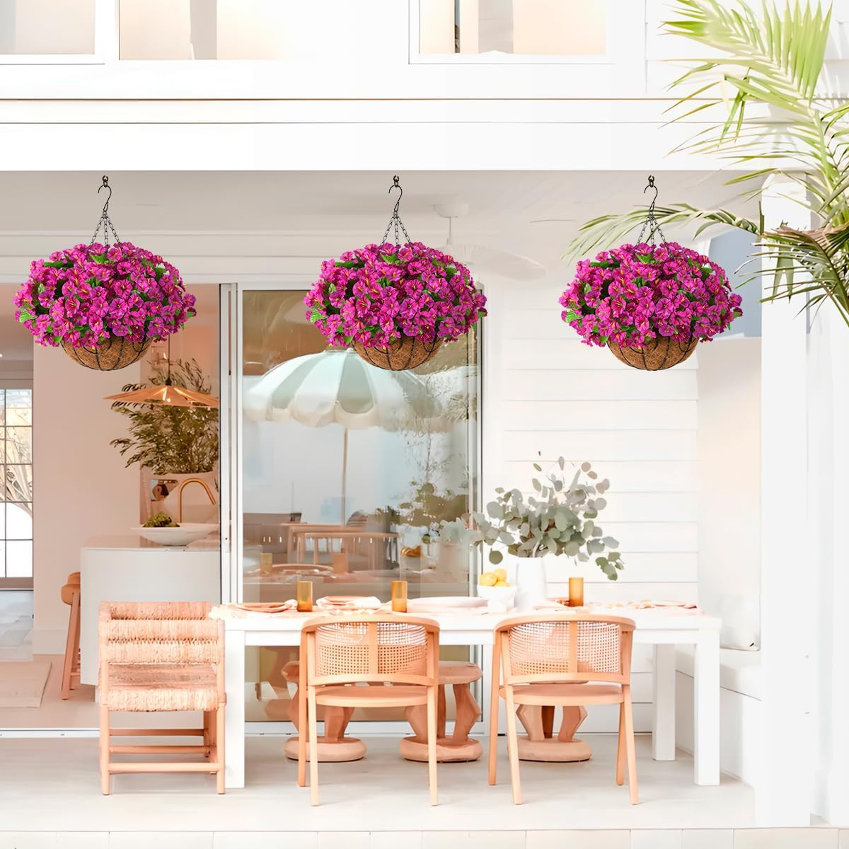 Artificial Hanging Flowers Plants with Basket for Outdoors – Fake Petunias Fl…